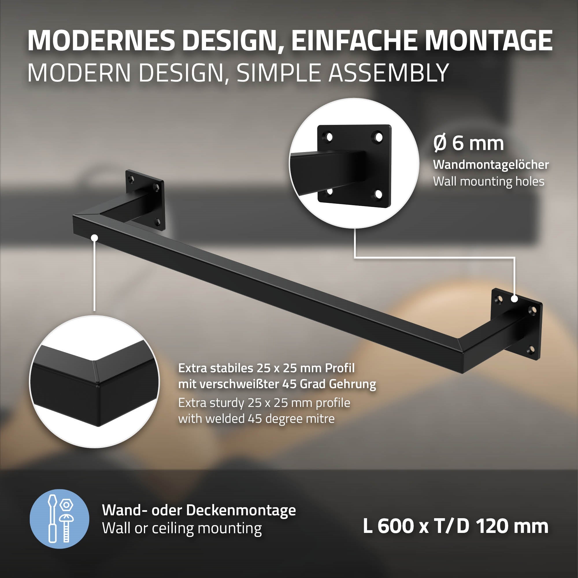 ECD Germany portant mural noir acier 12x60 cm lot 3