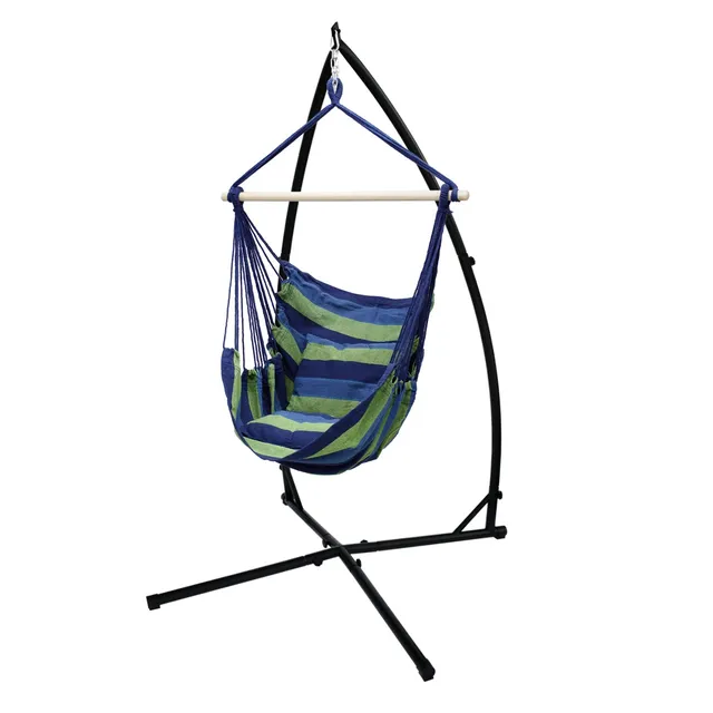 ECD Germany Sport fauteuil hamac suspendu coton bleu/vert avec support