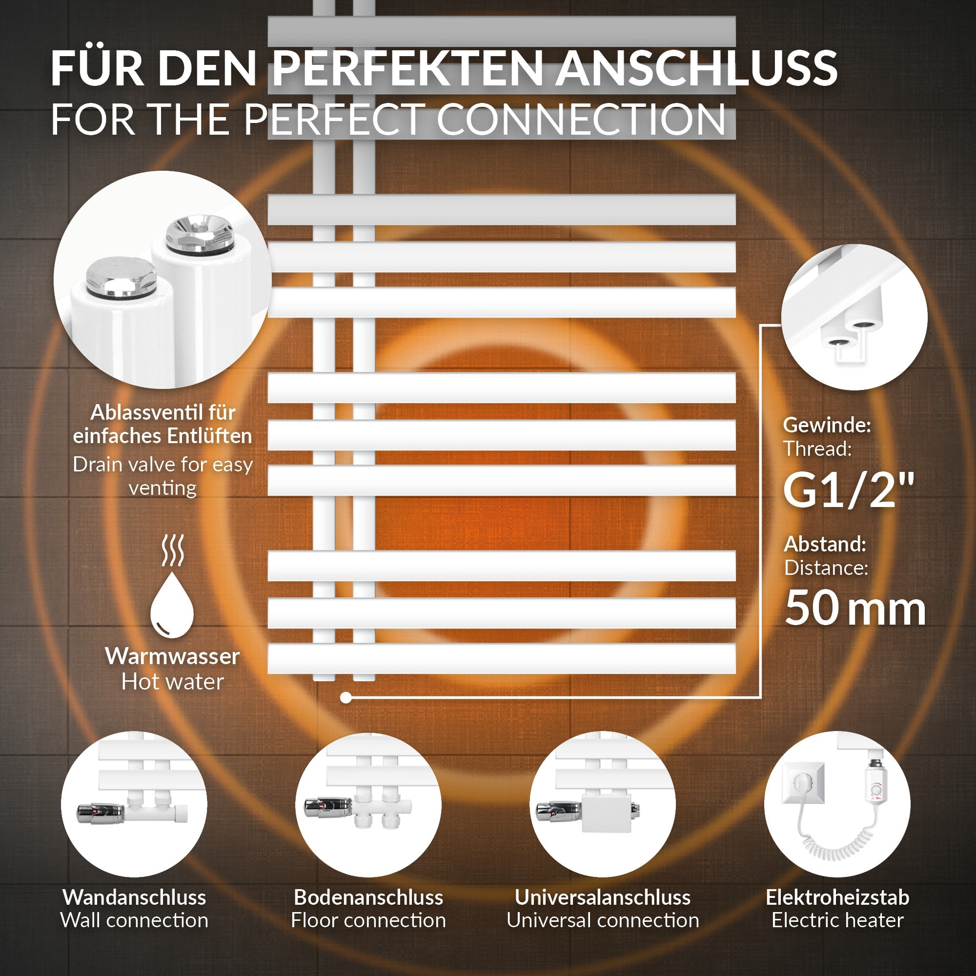 ECD Germany 600x1600 radiateur sèche-serviettes blanc raccord central