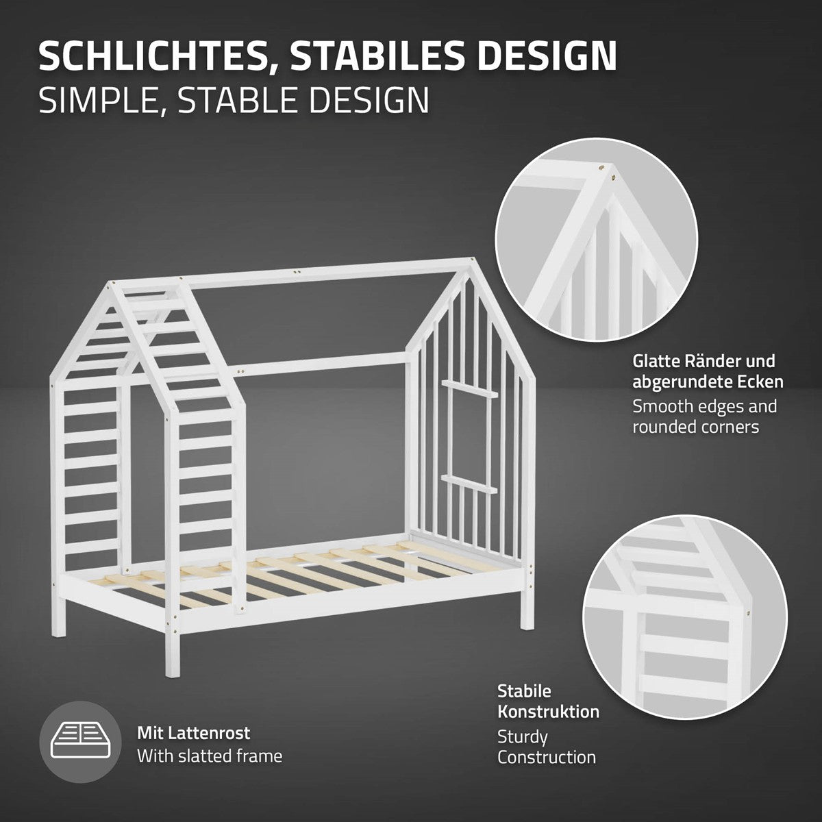ECD Germany Kinder lit cabane 80x160 blanc avec matelas pin