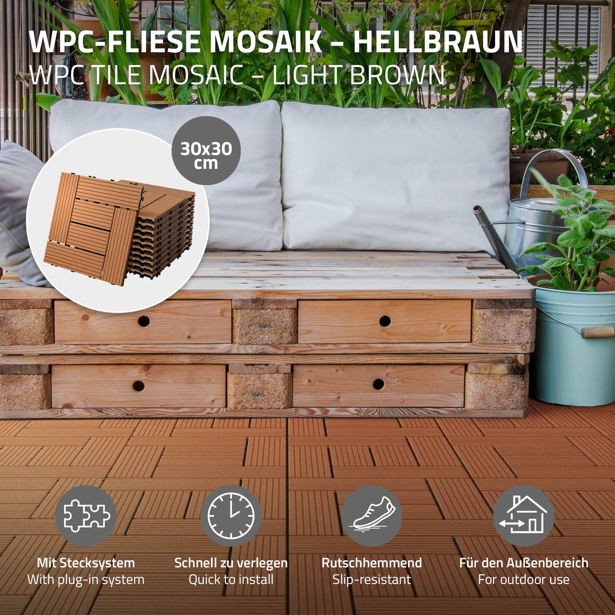 ECD Germany Garten 55 dalles WPC 30x30 marron clair mosaïque