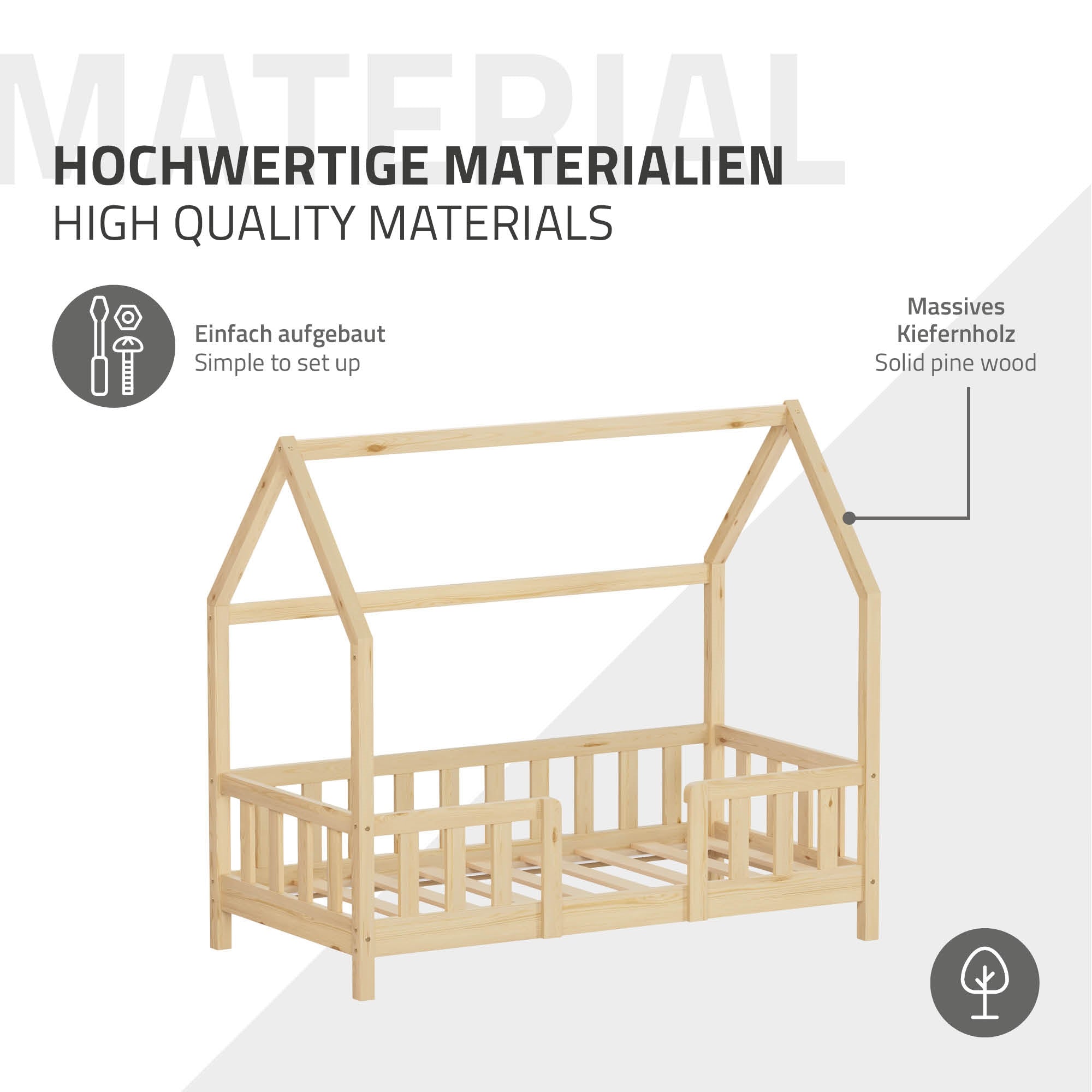 ML-Design Kinder lit cabane enfant pin 70x140 barrière + sommier