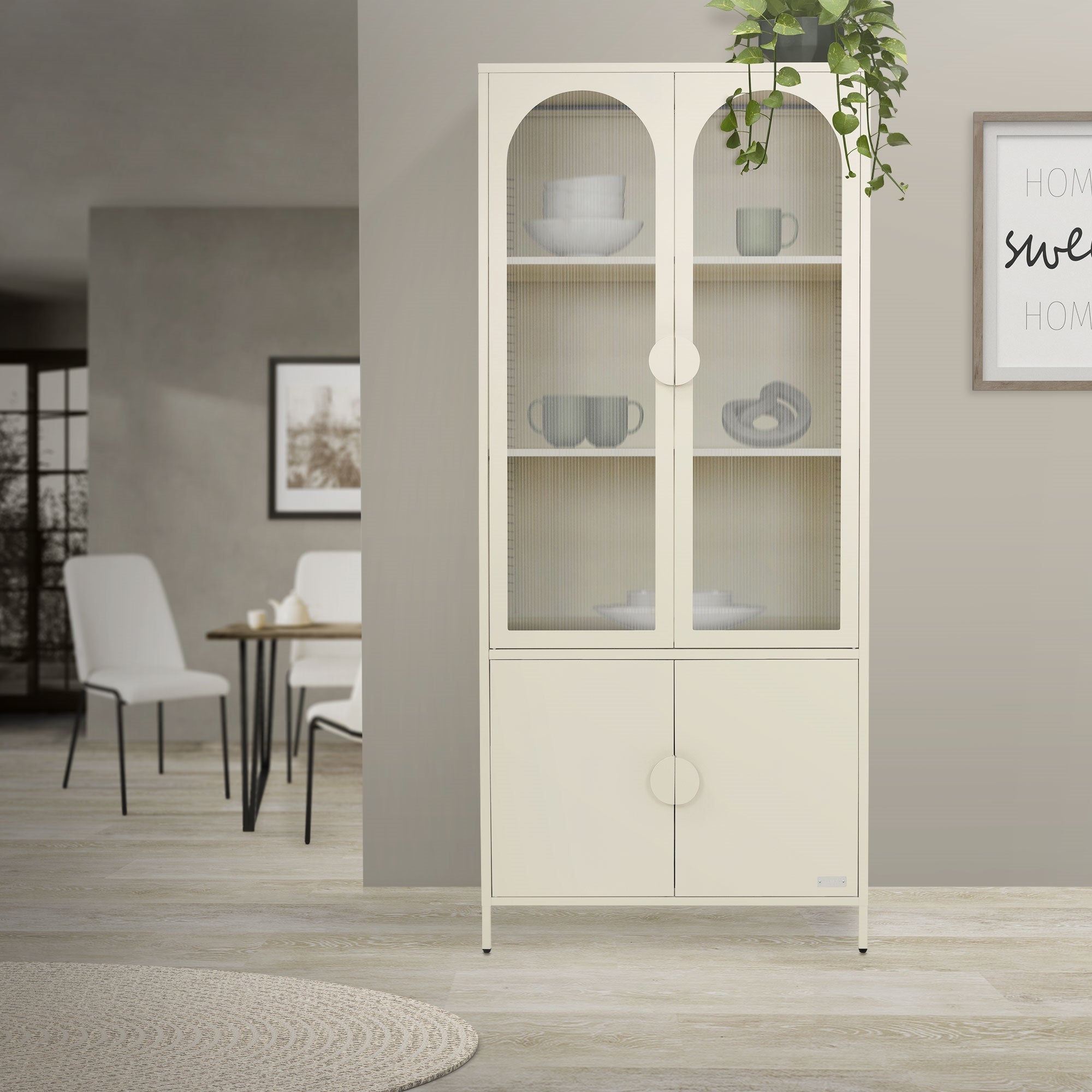 ECD Germany Möbel Vitrine 80x185x40 cm Crème 4 Portes