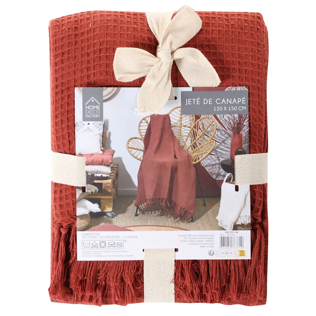 Stokomani Plaid Gauffré Coton Orange Linge Maison