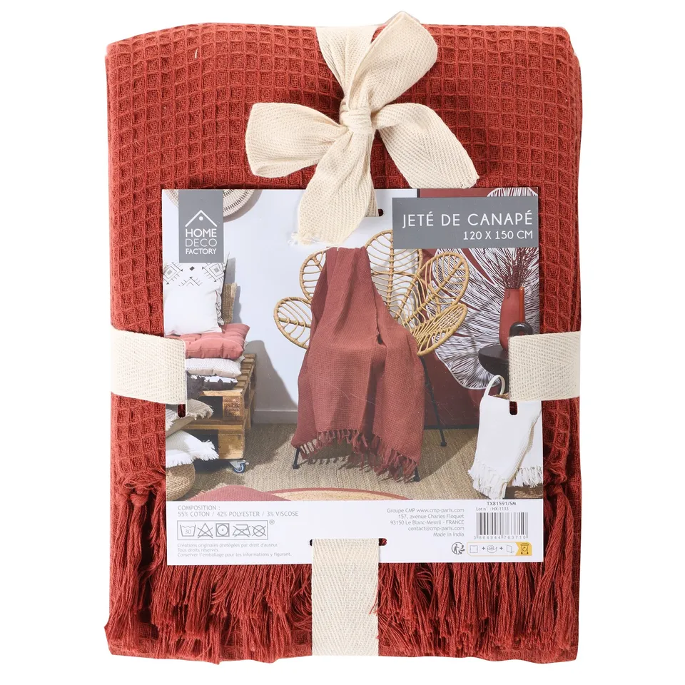 Stokomani Plaid Gauffré Coton Orange Linge Maison