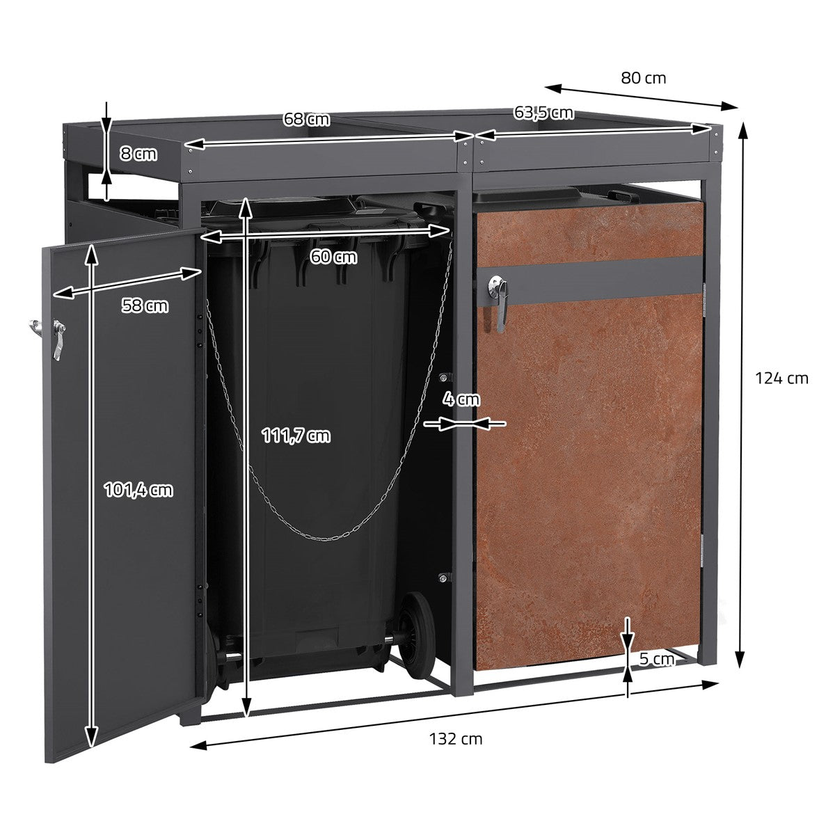 ECD Germany Garten cache-poubelles 4x240L rouille 264 cm