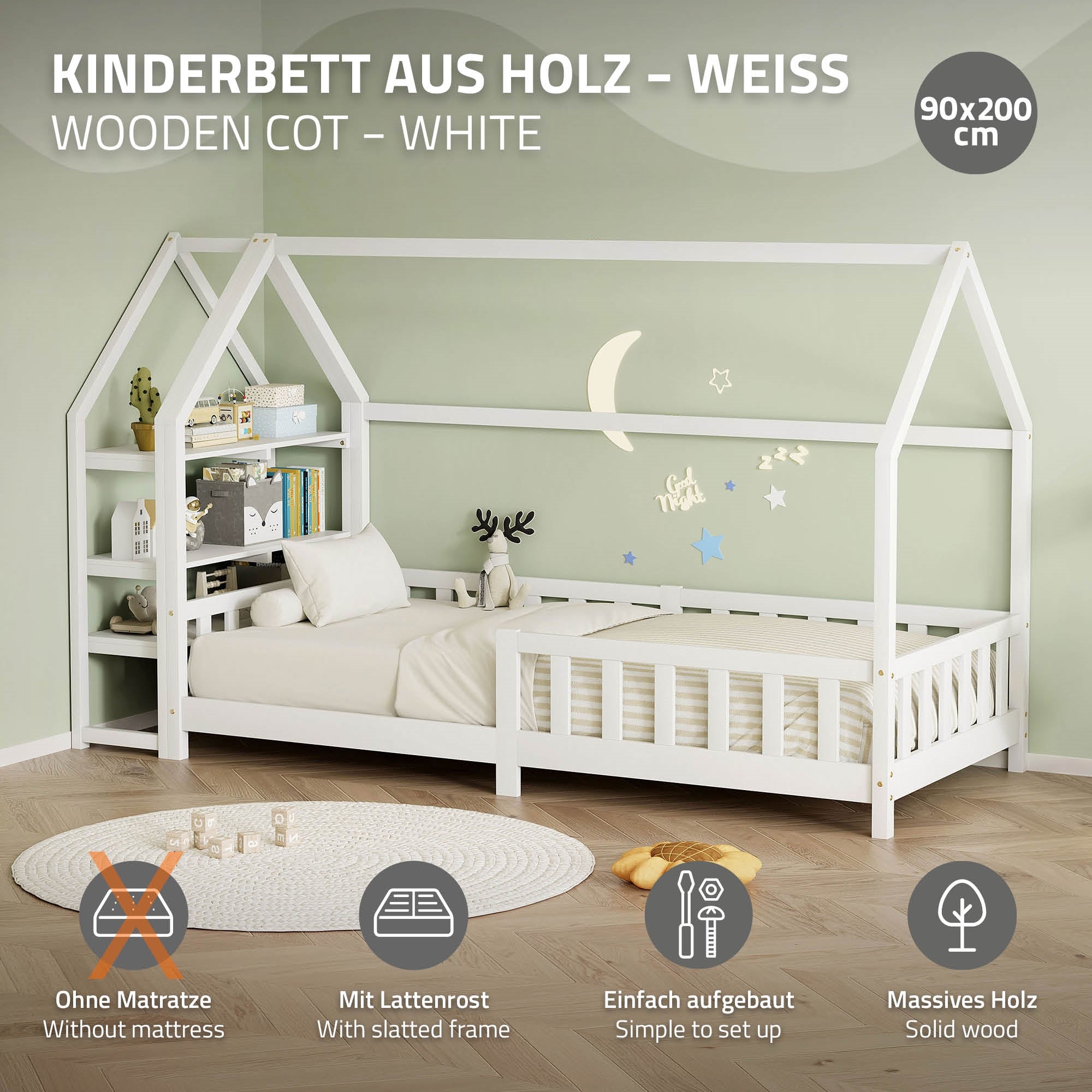 ECD Germany Kinder lit cabane enfant pin blanc 90x200 avec étagère