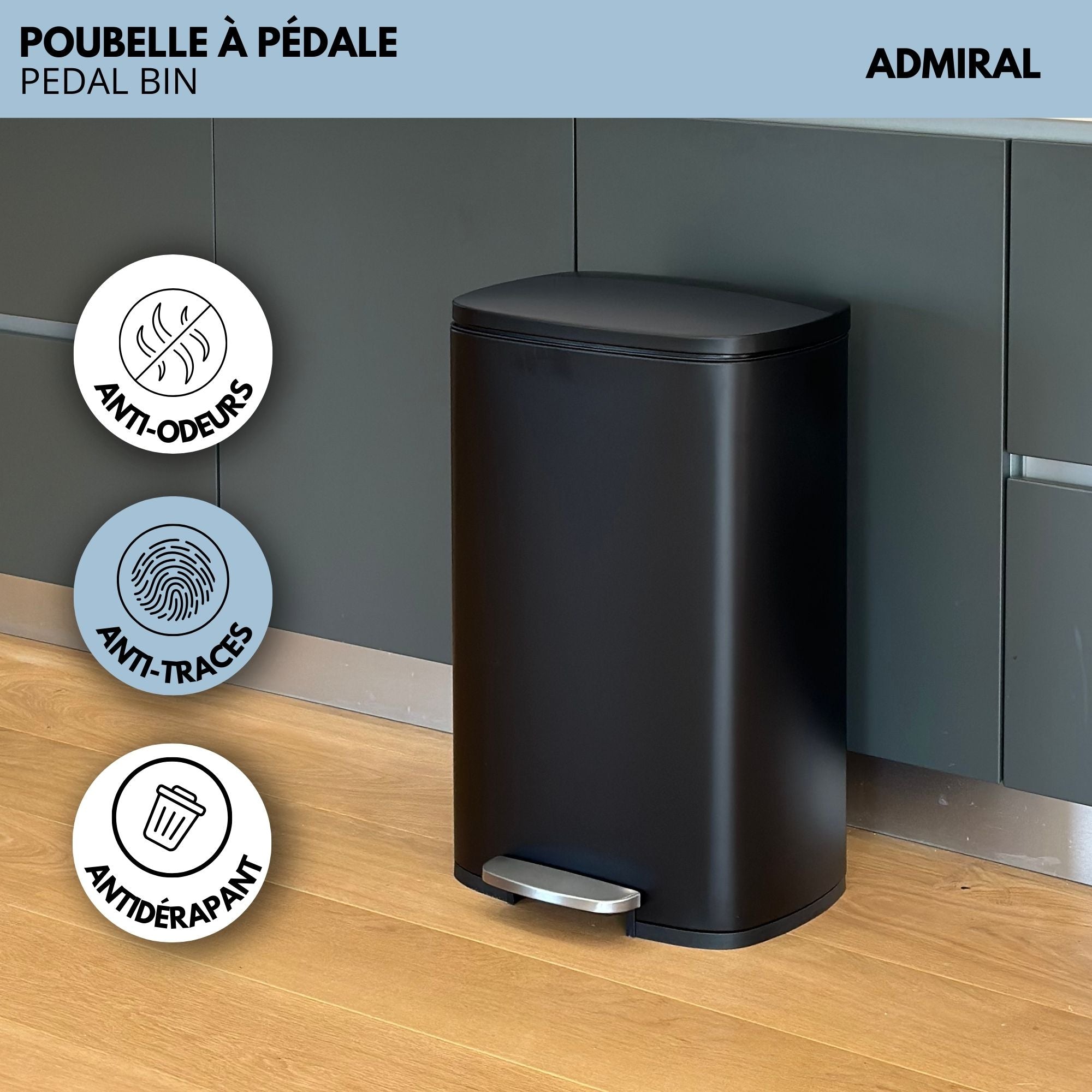 Red Deco Admiral 50L poubelle pédale inox noir mat