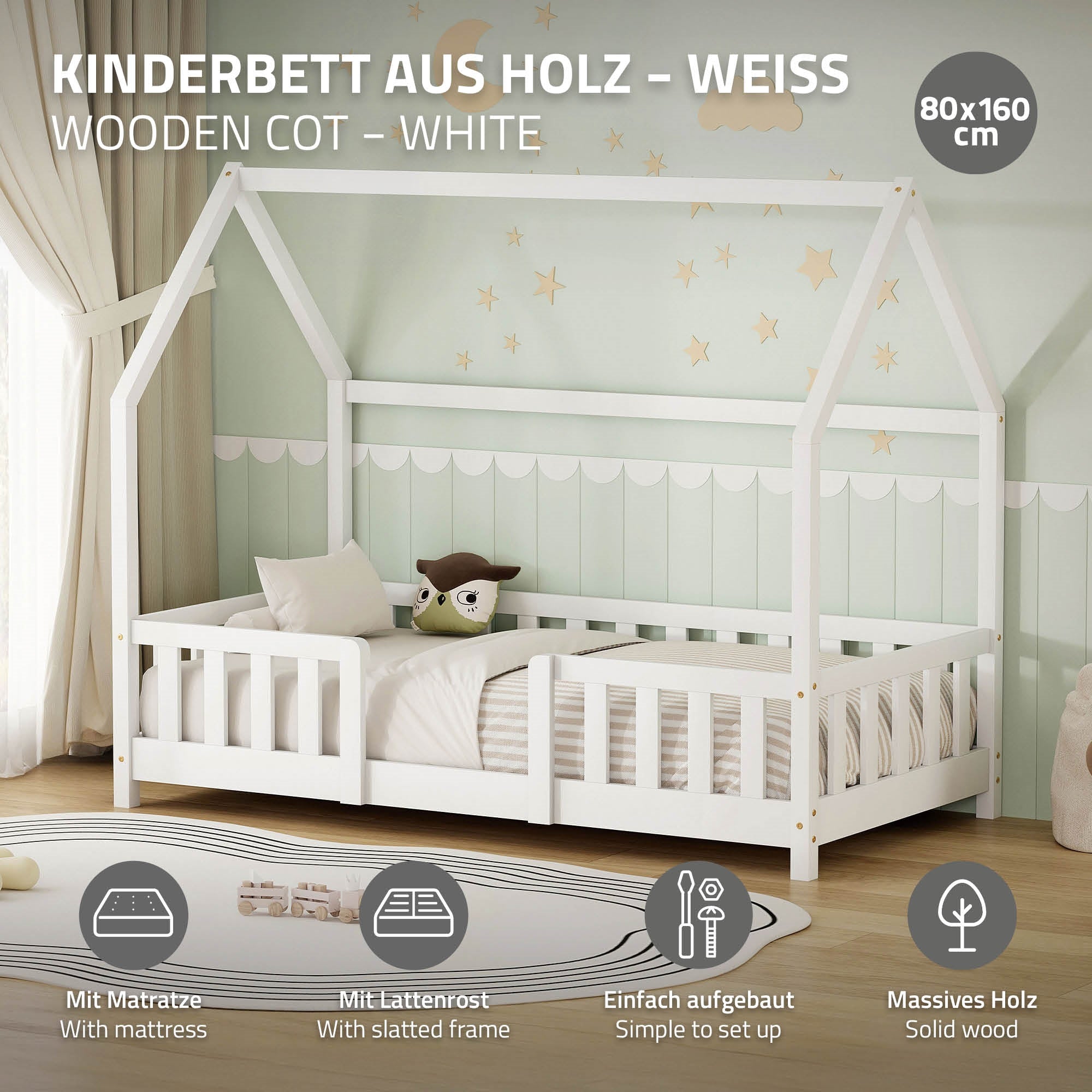 ECD Germany Kinder lit cabane 80x160 cm blanc + matelas 10cm