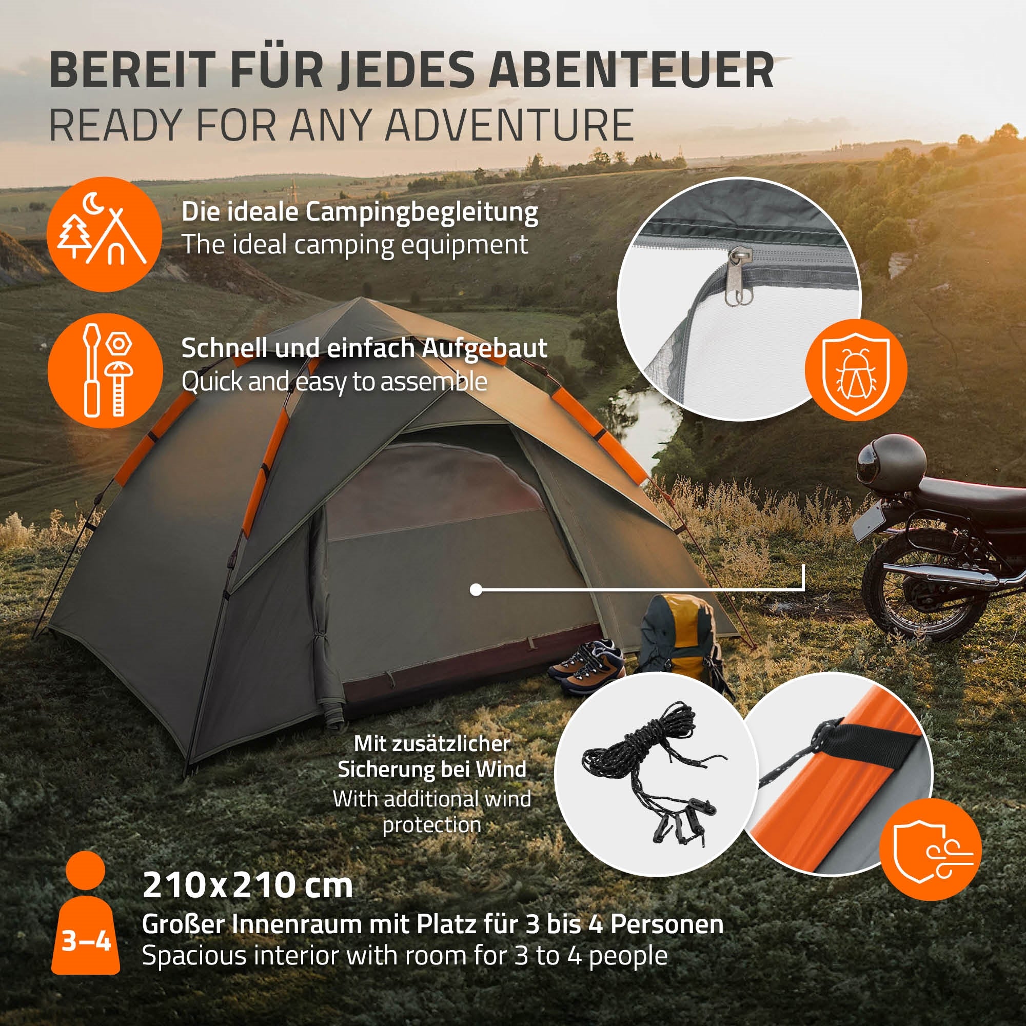 ECD Germany Tente pop-up camping 4 personnes grise double paroi