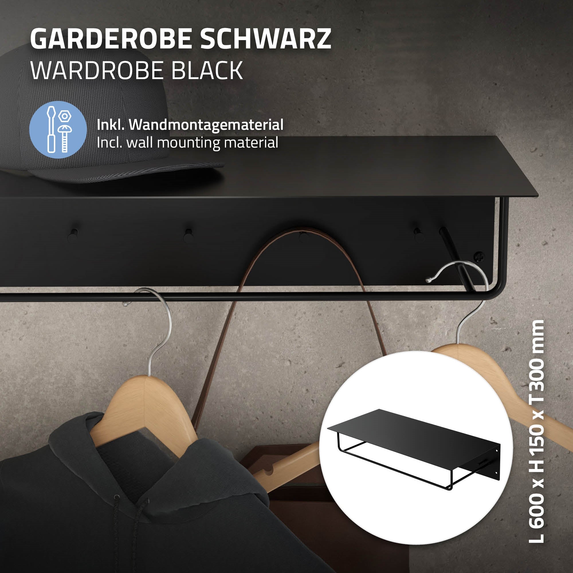 ECD Germany Möbel portemanteau mural noir métal avec étagère 60 cm