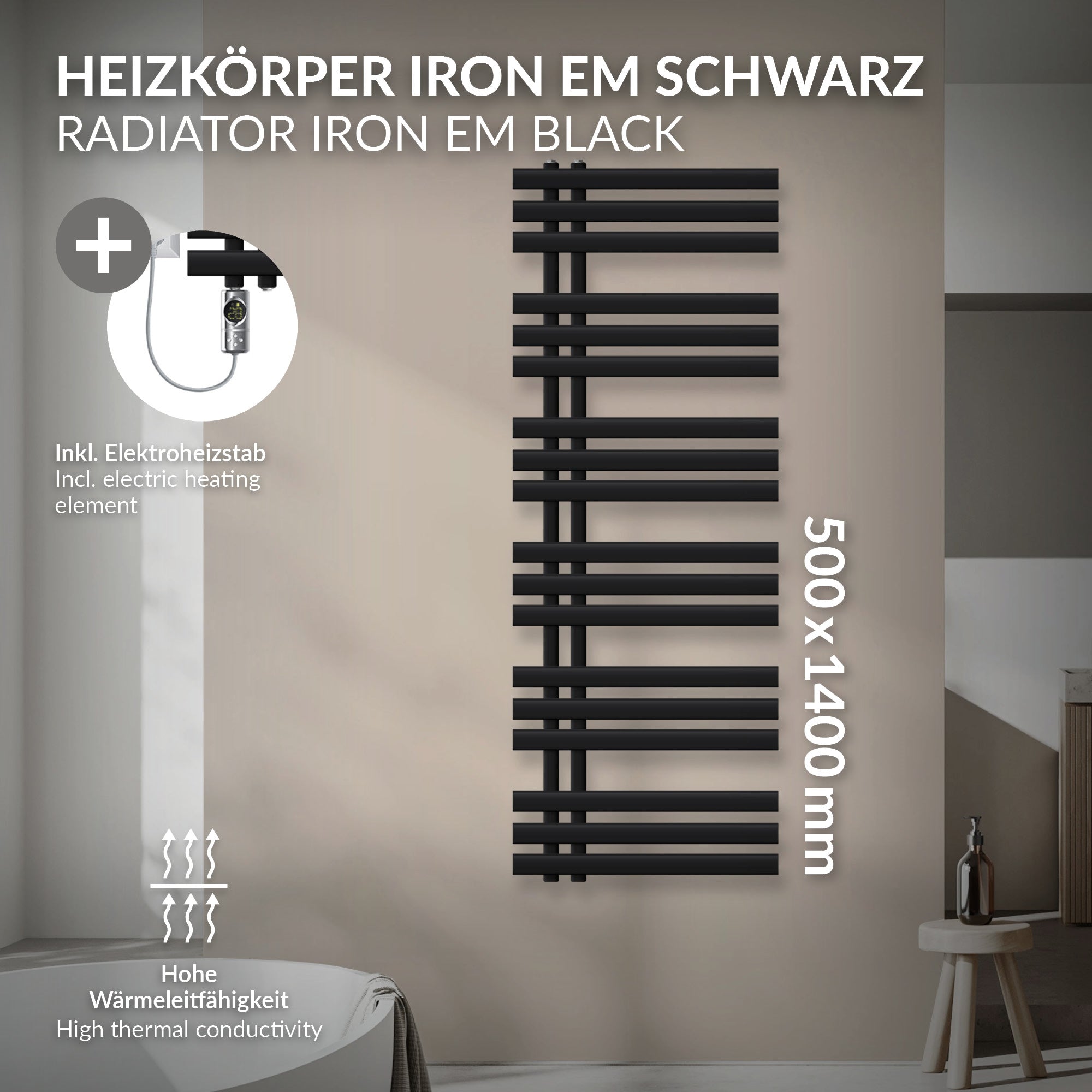 ECD Germany Iron EM radiateur sèche-serviettes 500x1400 noir 900W