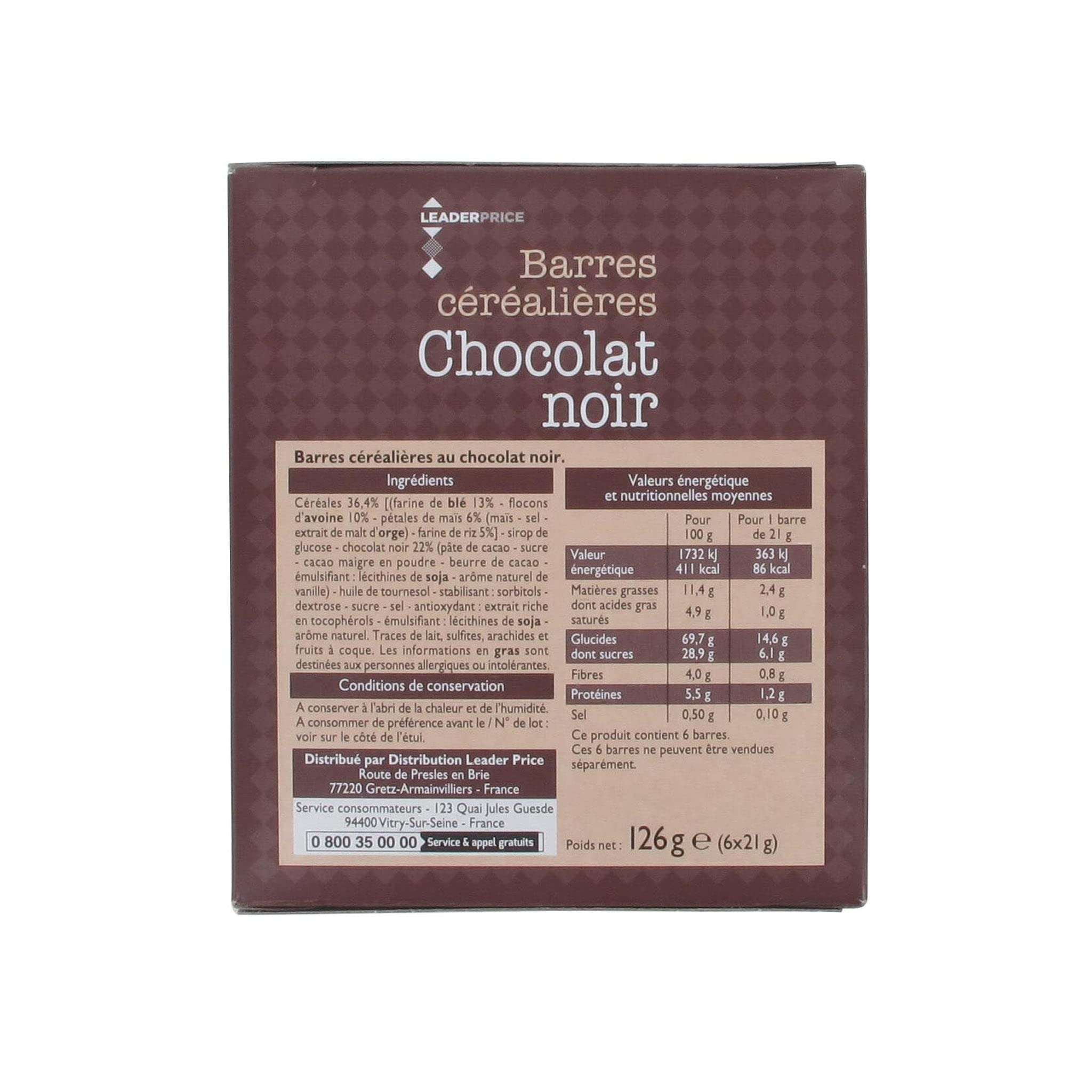 Leader Price Petit-déjeuner Barres céréalières chocolat noir x6 126g