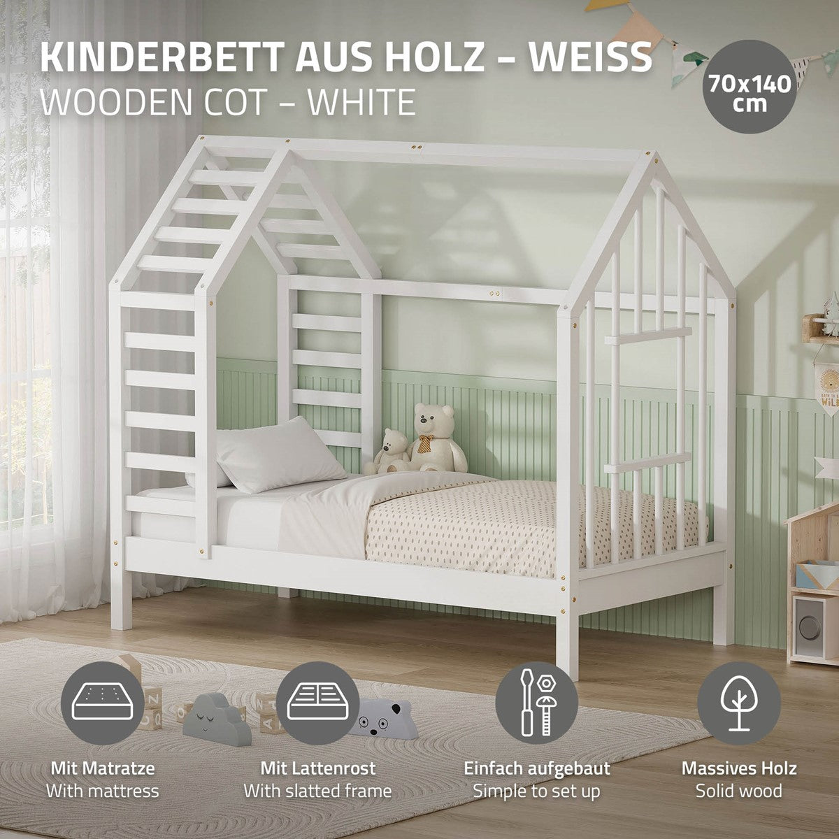 ECD Germany Kinder Lit Cabane 70x140 cm Blanc + Matelas