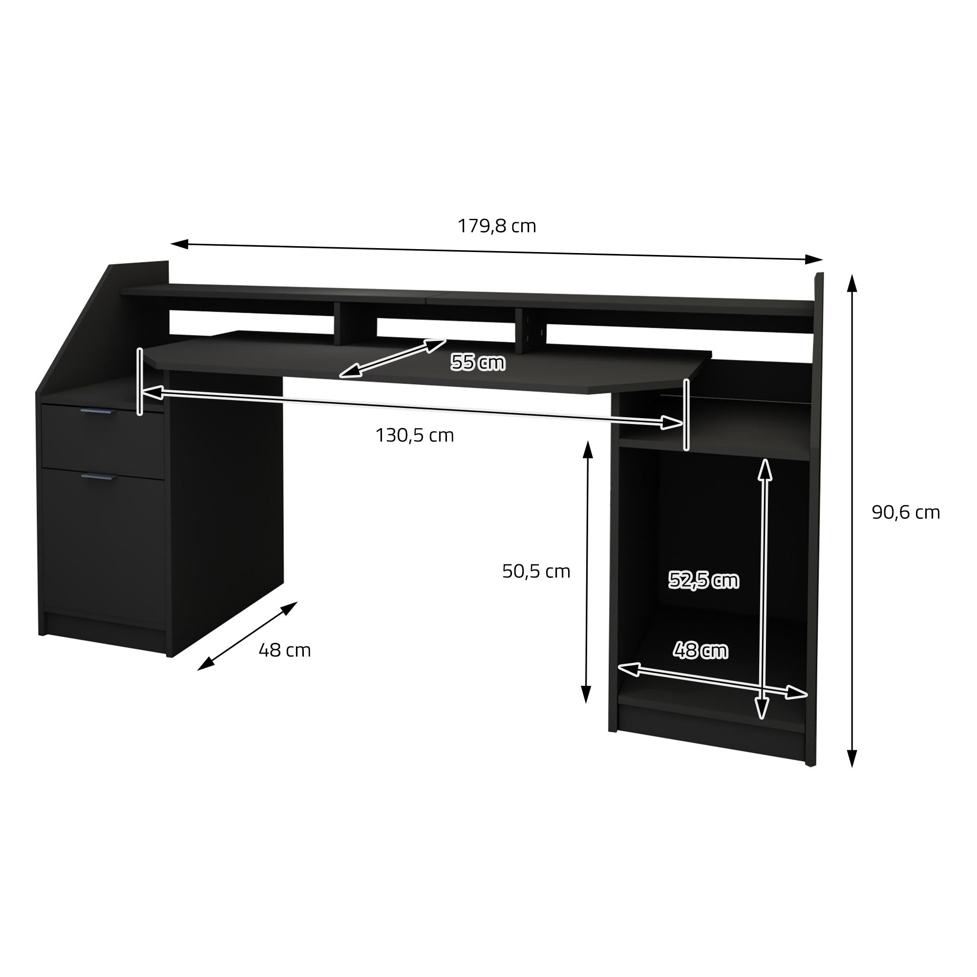 ECD Germany Möbel Bureau Noir Tiroir 179,8 cm MDF