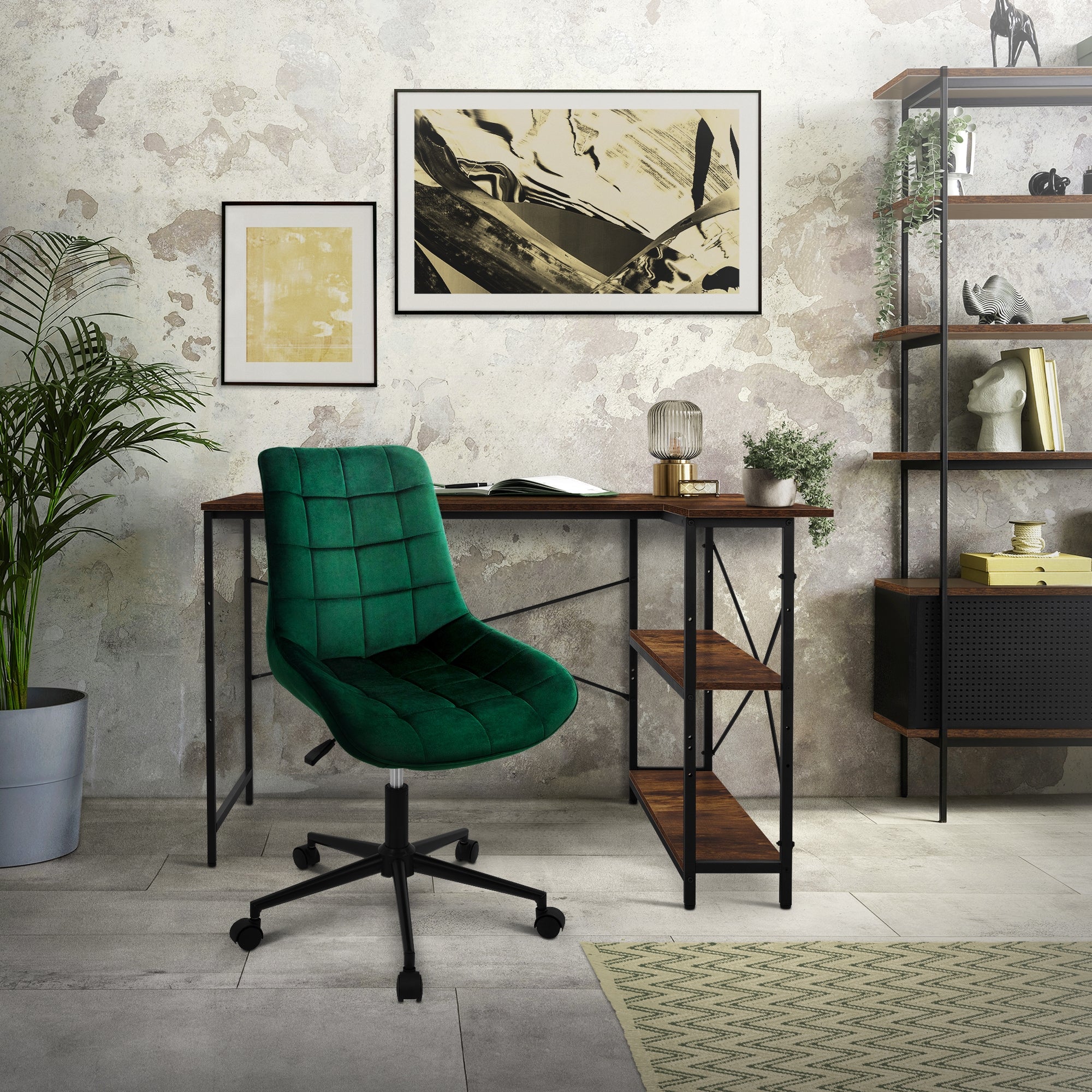 ECD Germany Möbel chaise bureau velours vert à roulettes