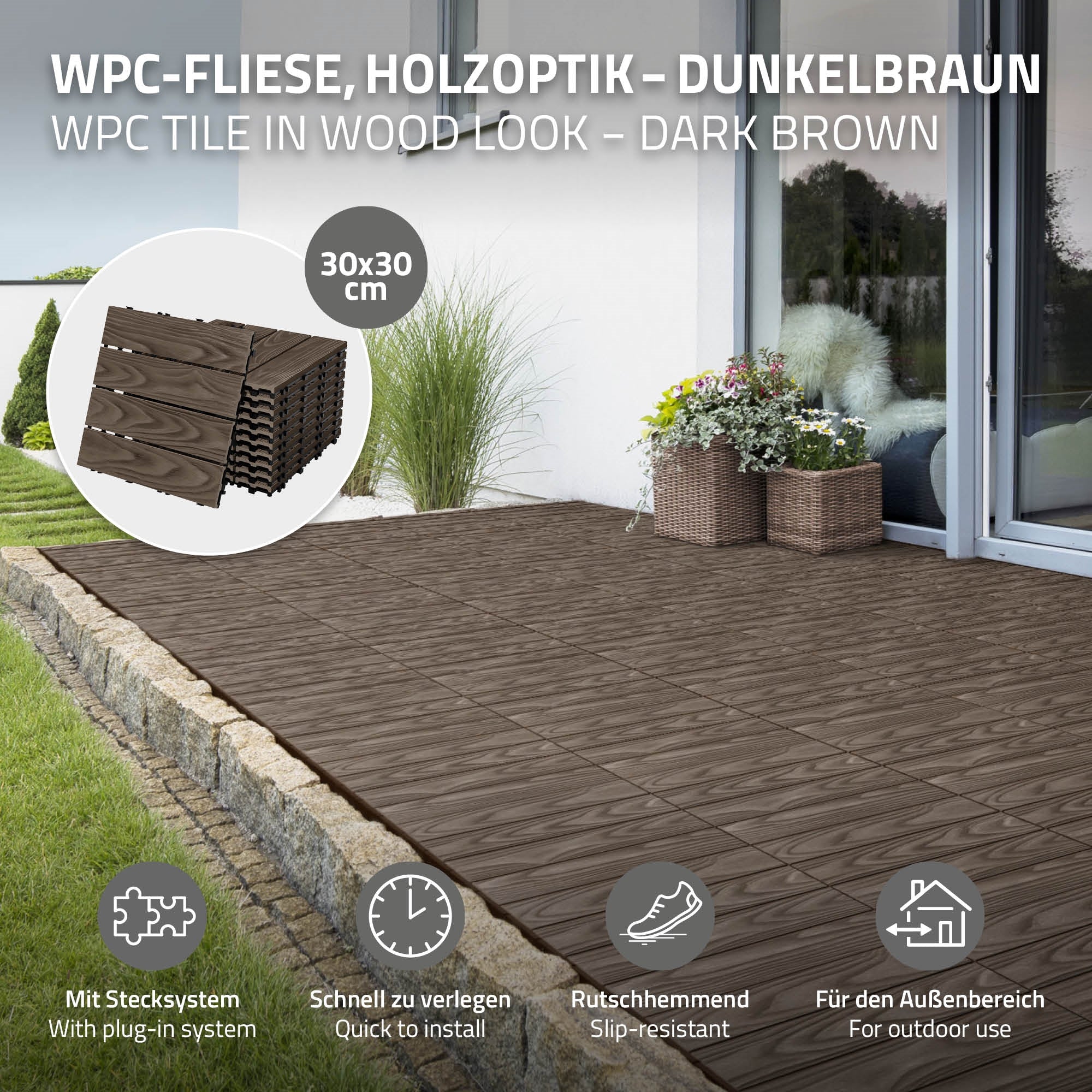ECD Germany Garten dalle terrasse 30x30 marron lot de 33