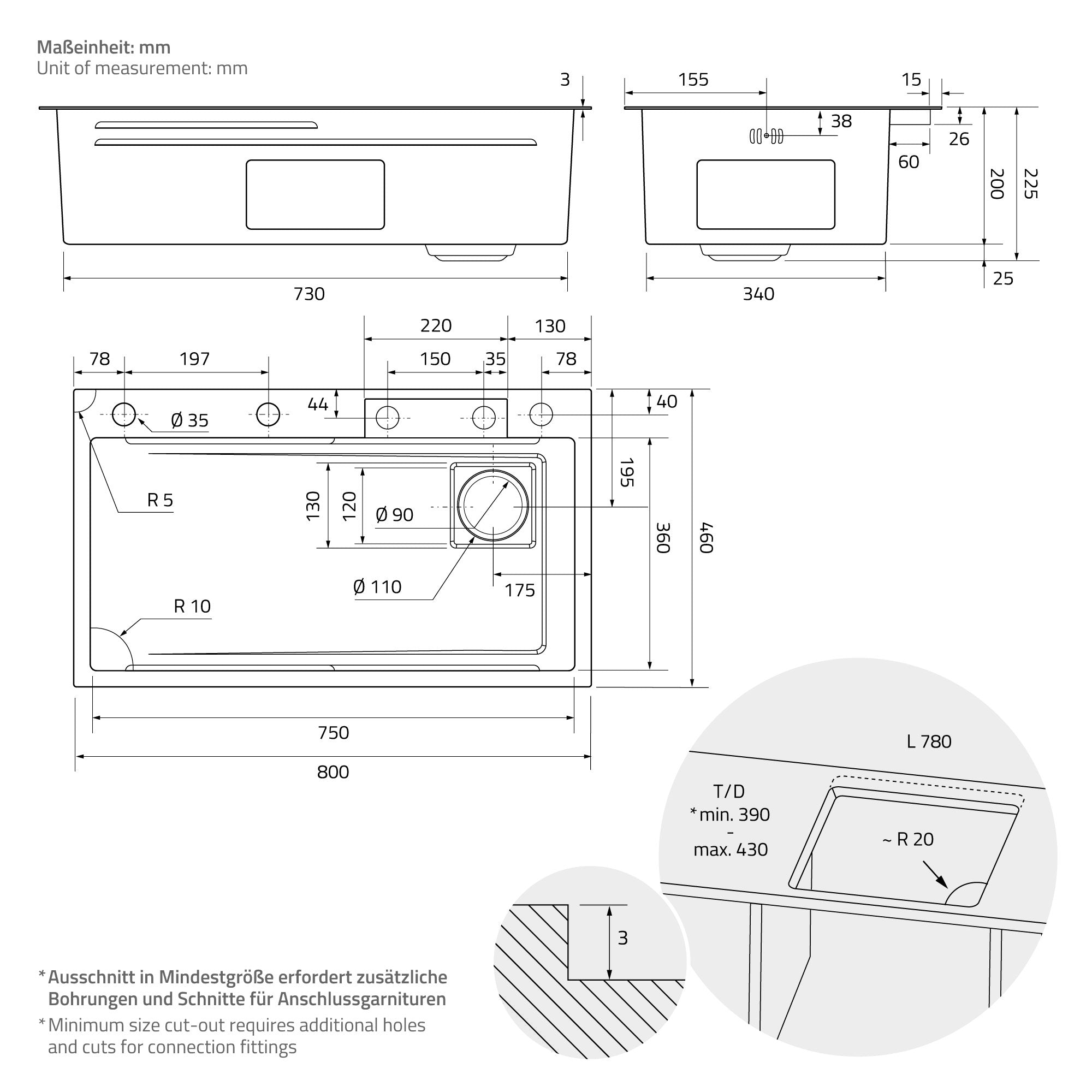 ECD Germany évier inox 80x46 cm anthracite 8 pièces robinet