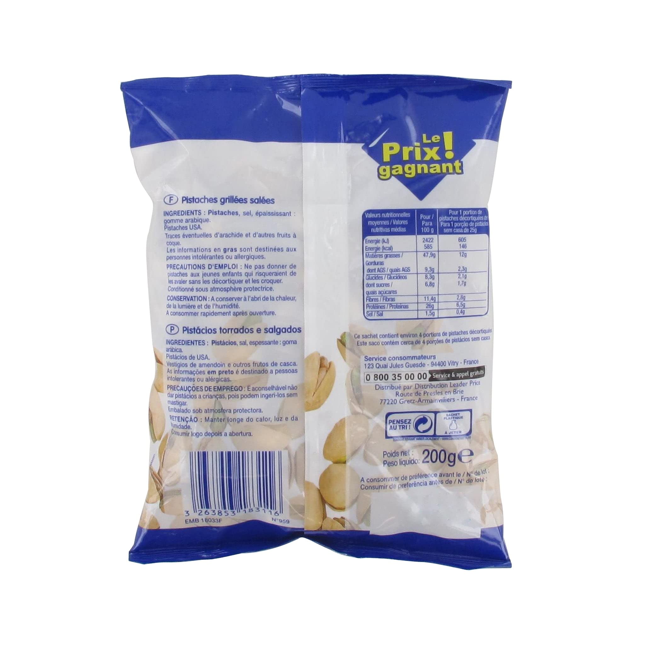 Leader Price Produits apéritifs Pistaches grillées salées 200g