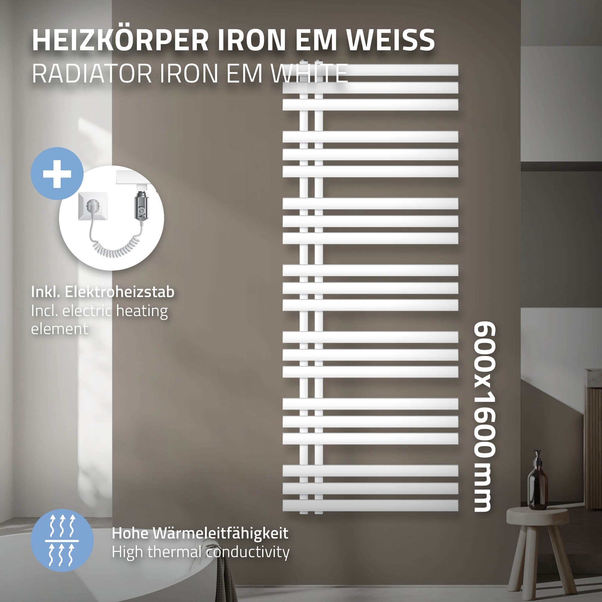 ECD Germany Iron EM sèche-serviettes 600x1600 blanc 900W