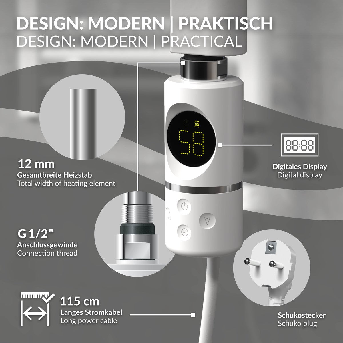 ECD Germany LuxeBath Radiateur Bain Électrique Blanc 1200W