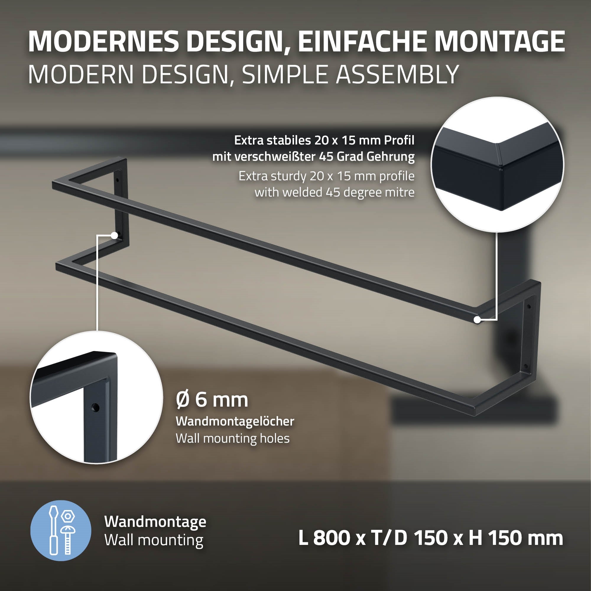 ML-Design porte-serviettes mural noir 50 cm acier à visser