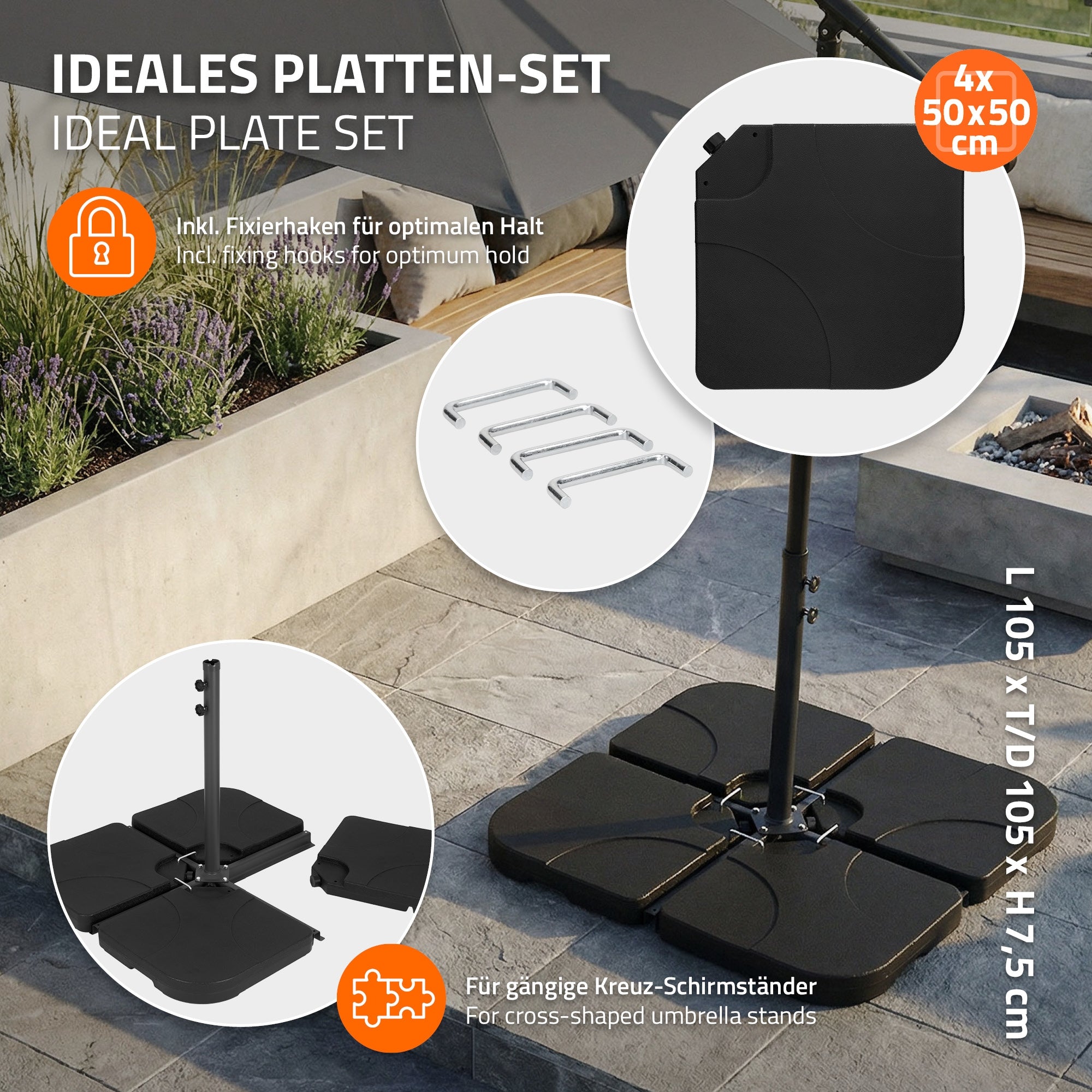 ECD Germany ML-Design pied parasol 4 dalles noir 80 kg