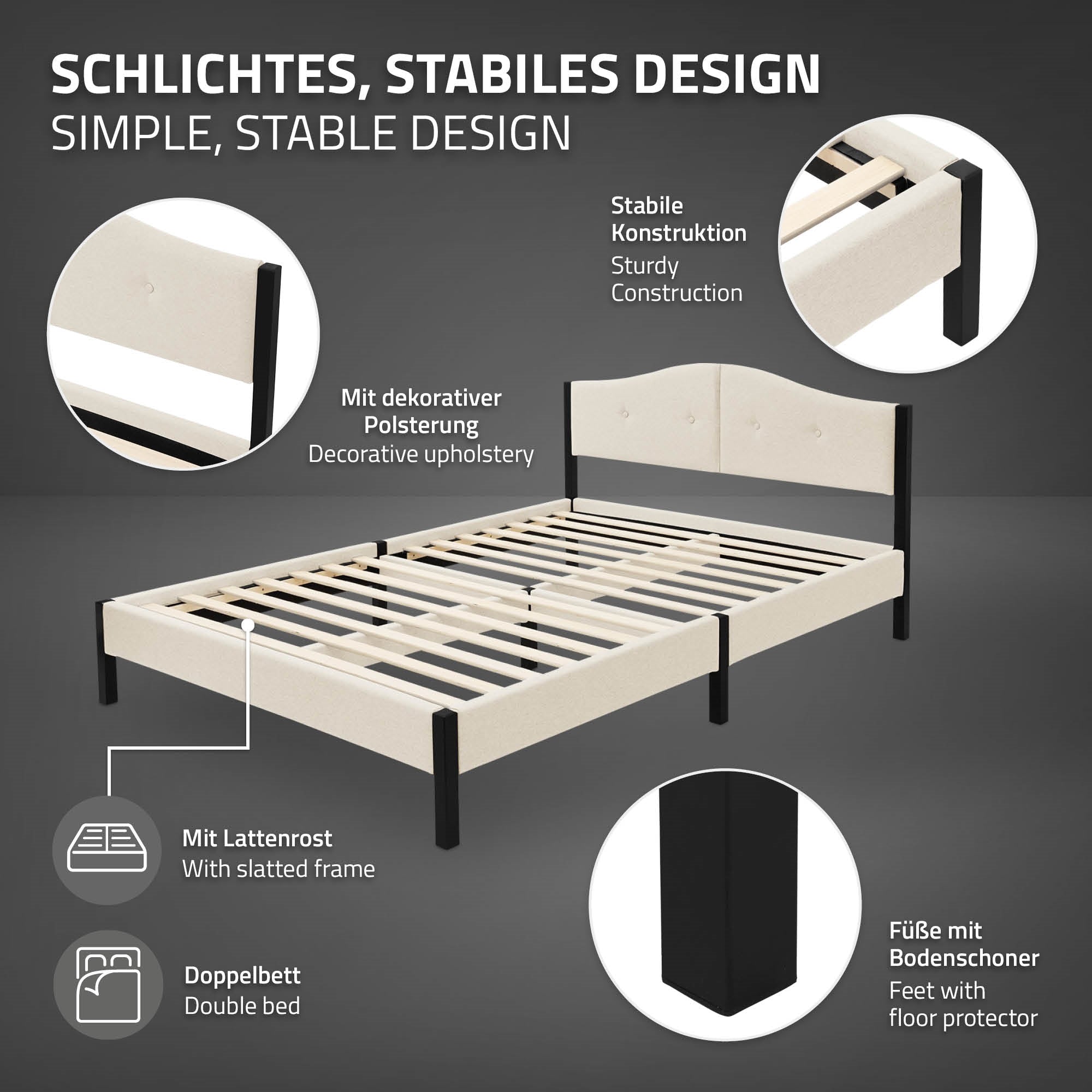 ECD Germany Möbel lit double 140x200 beige tissu capitonné