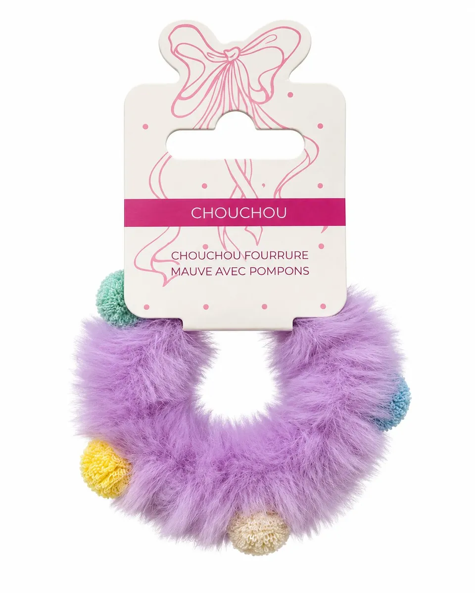Stokomani chouchou fourrure mauve à pompons