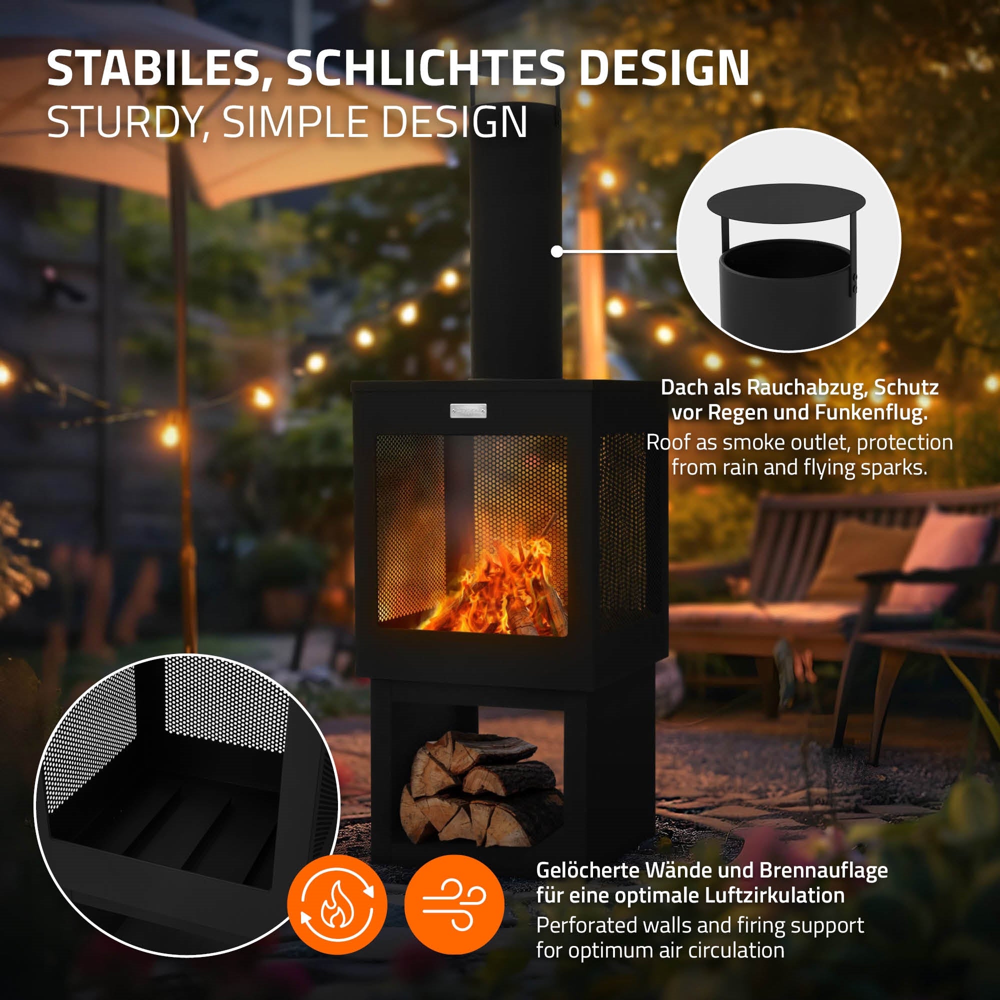 ECD Germany Garten Cheminée de jardin acier noir 128 cm avec tisonnier