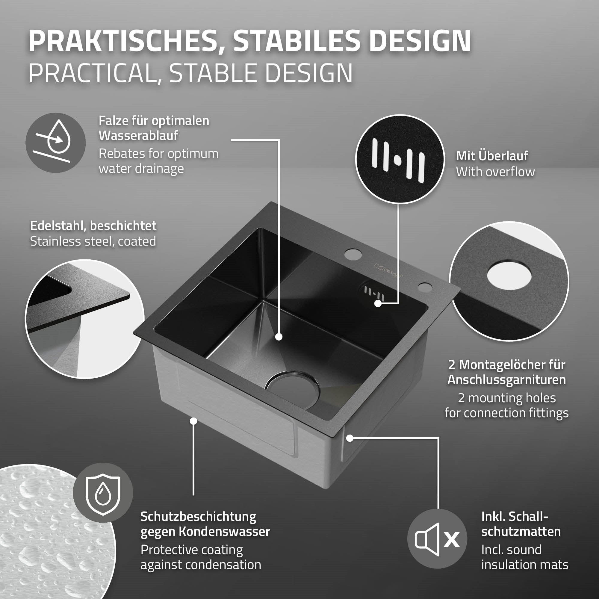 ECD Germany Sanitär Évier inox 45x45 cm anthracite à encastrer