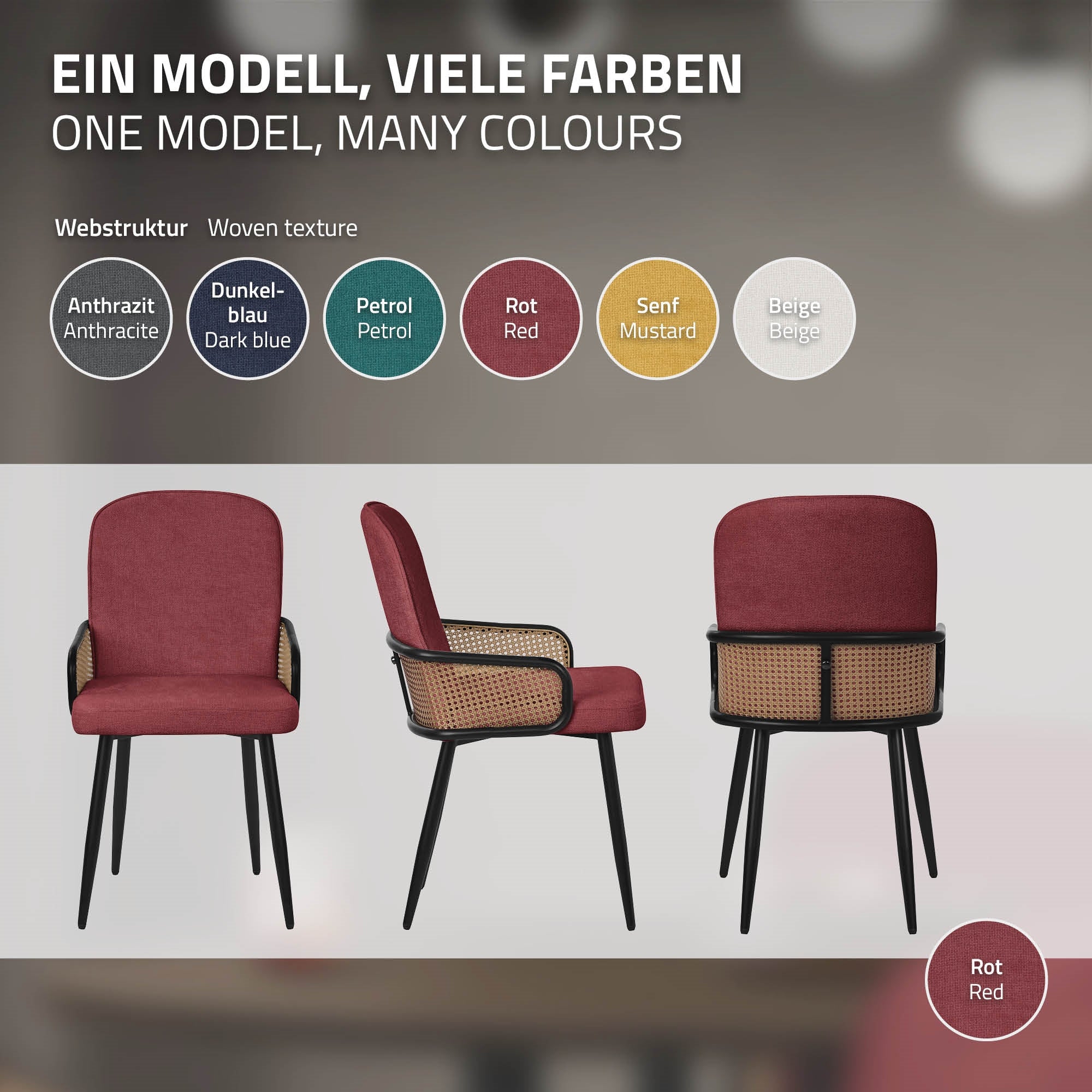 ECD Germany Möbel lot 6 chaises salle à manger rouge accoudoirs
