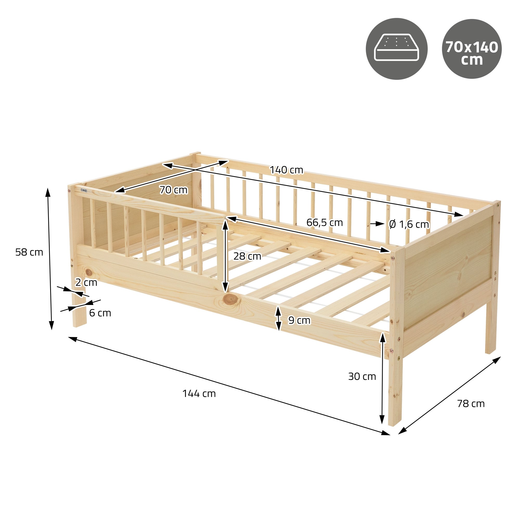 ECD Germany Kinder lit enfant 70x140 pin naturel + barrière