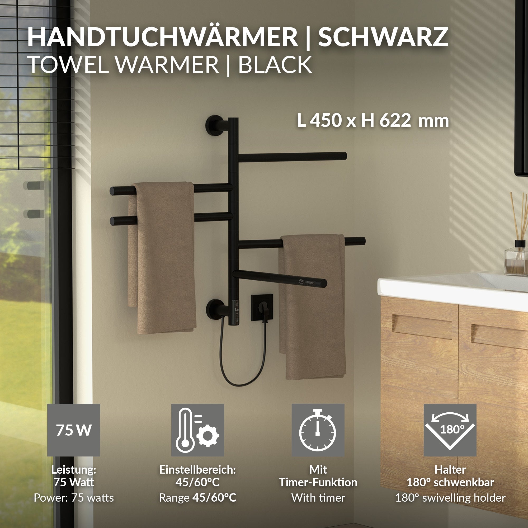 ECD Germany LuxeBath sèche-serviettes électrique 450x622 noir 75W