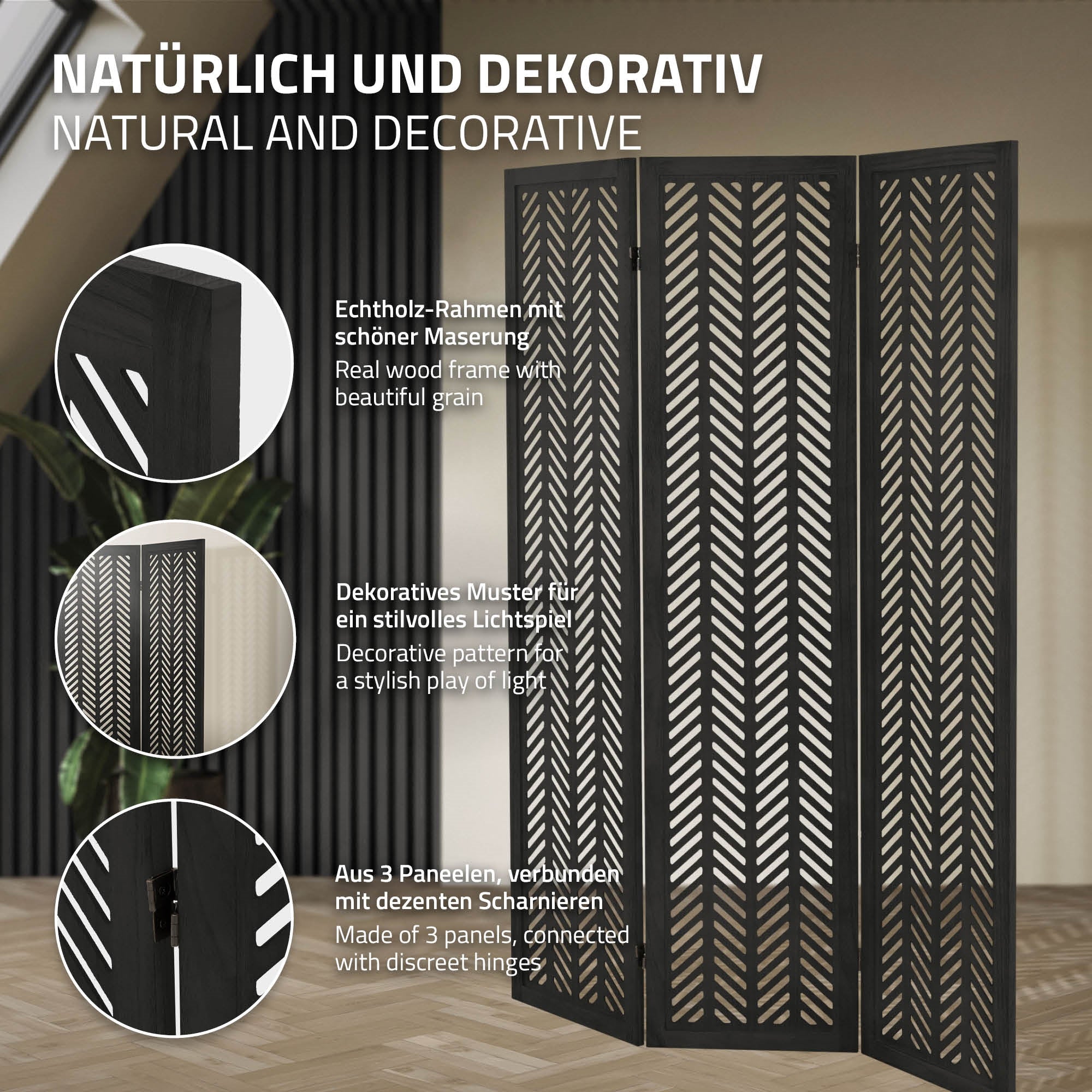 ML-Design Kobe paravent bois noir 3 volets 170x121 cm