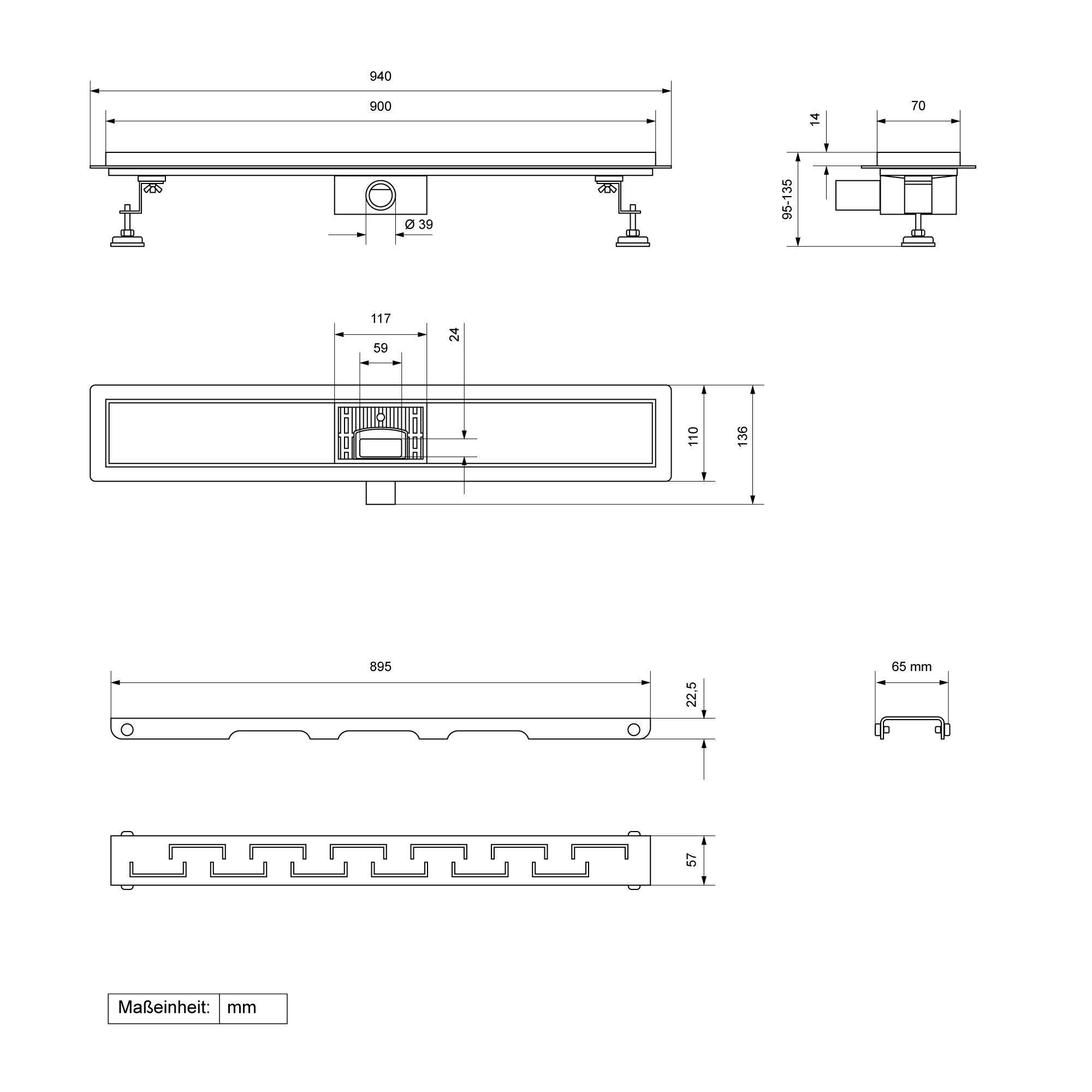 ECD Germany Sanitär caniveau douche 90cm inox rainuré
