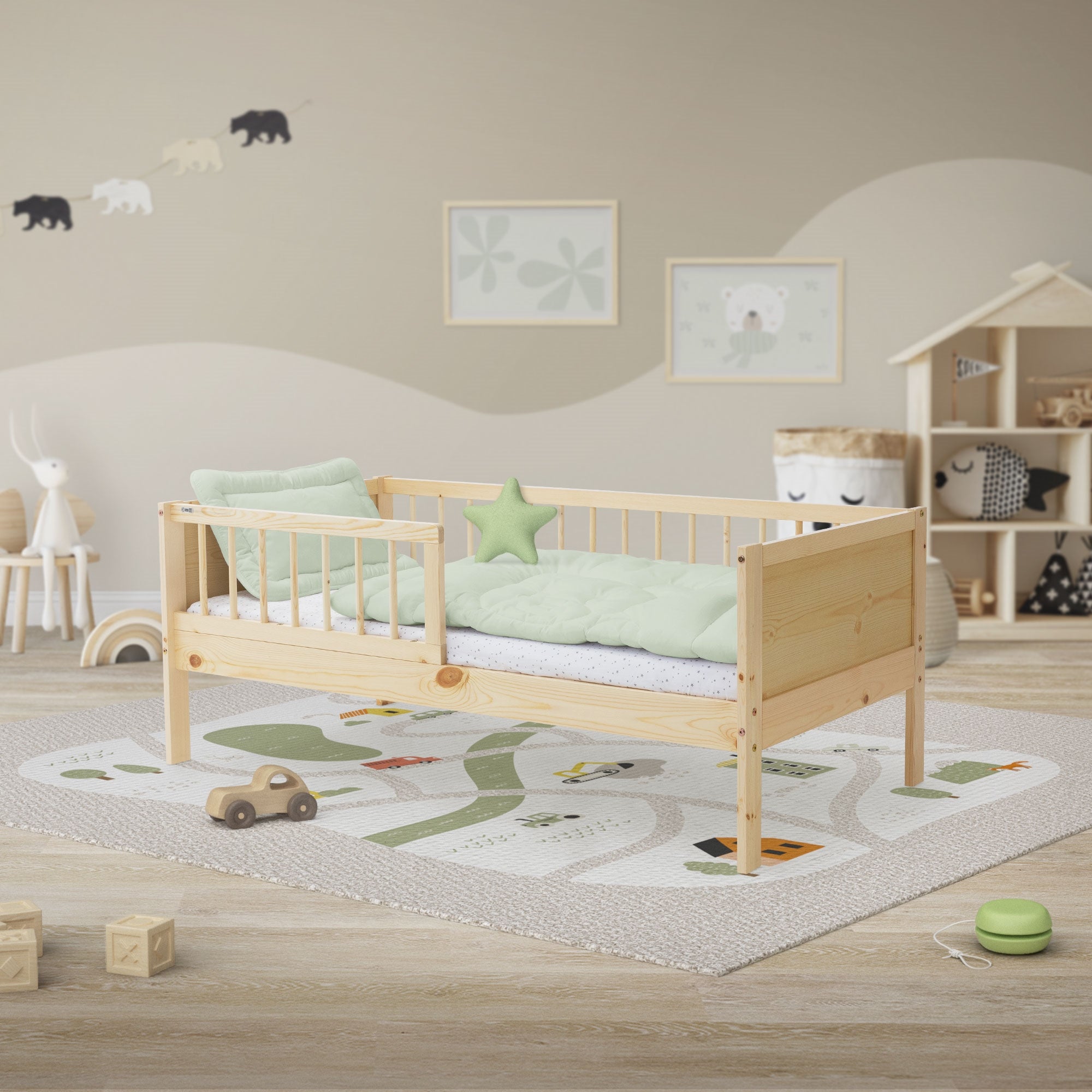 ECD Germany Kinder lit enfant 70x140 pin naturel + barrière