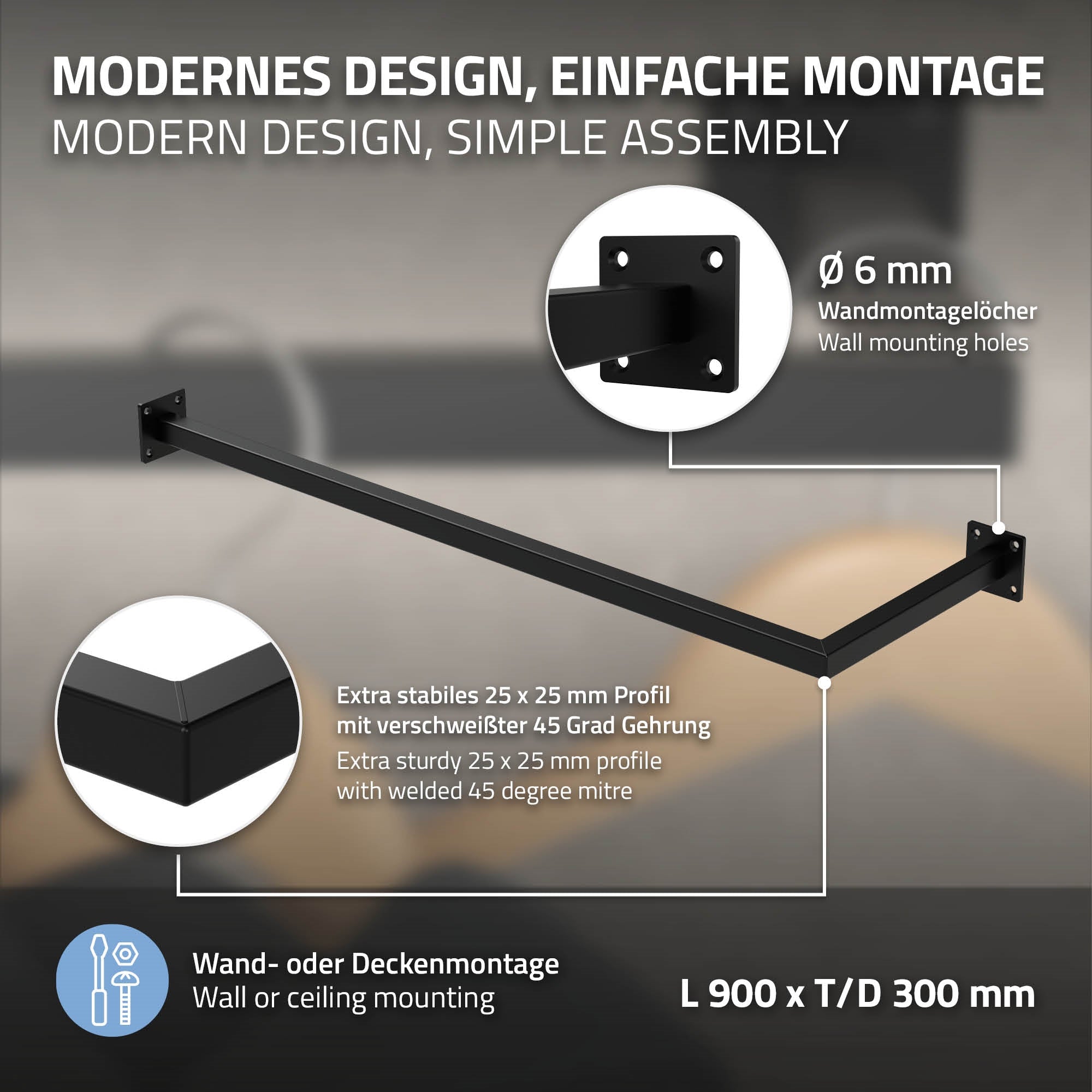 ECD Germany Möbel ML-Design portant mural noir 30x90 cm lot de 3