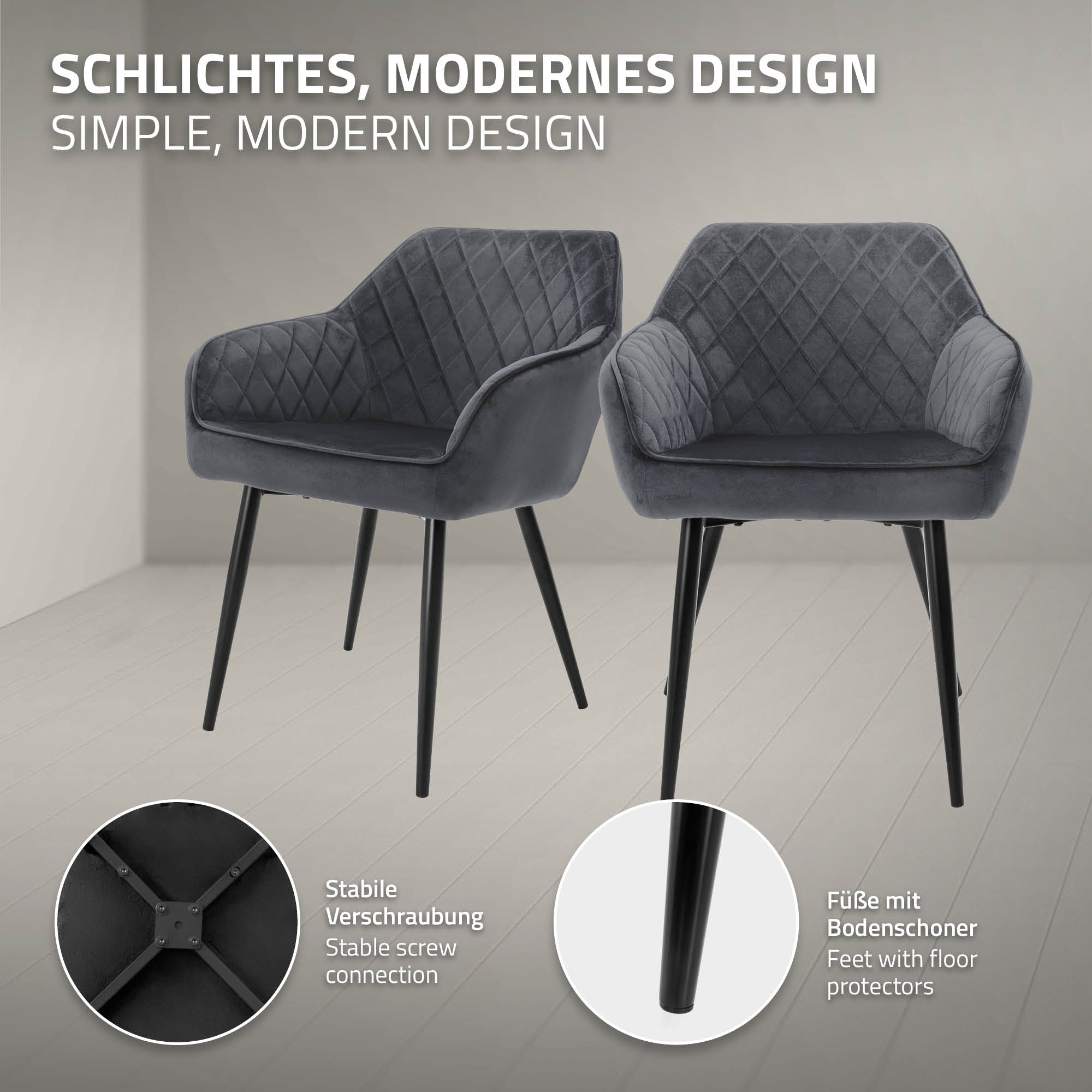 ECD Germany Möbel lot 4 chaises anthracite velours matelassé