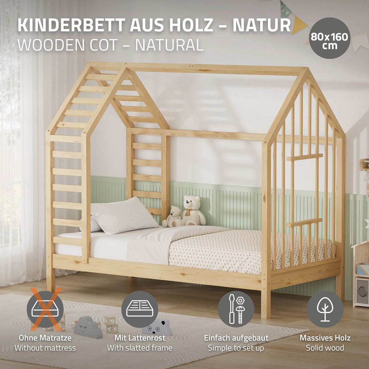 ECD Germany Kinder lit cabane nature 80x160 cm pin
