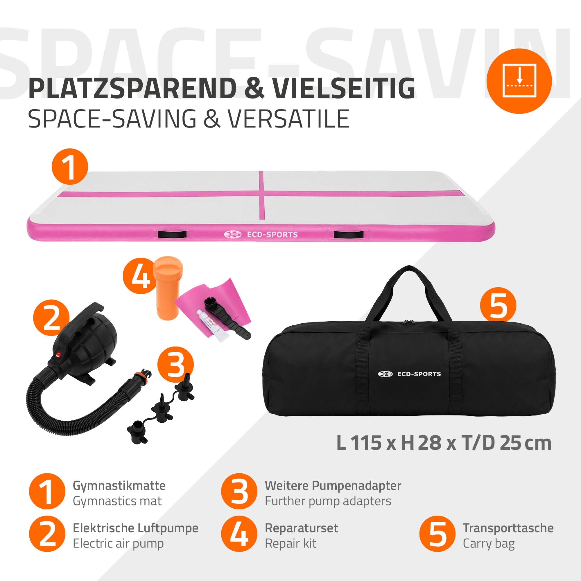 Airtrack Tapis gym gonflable 3m rose 10cm + pompe