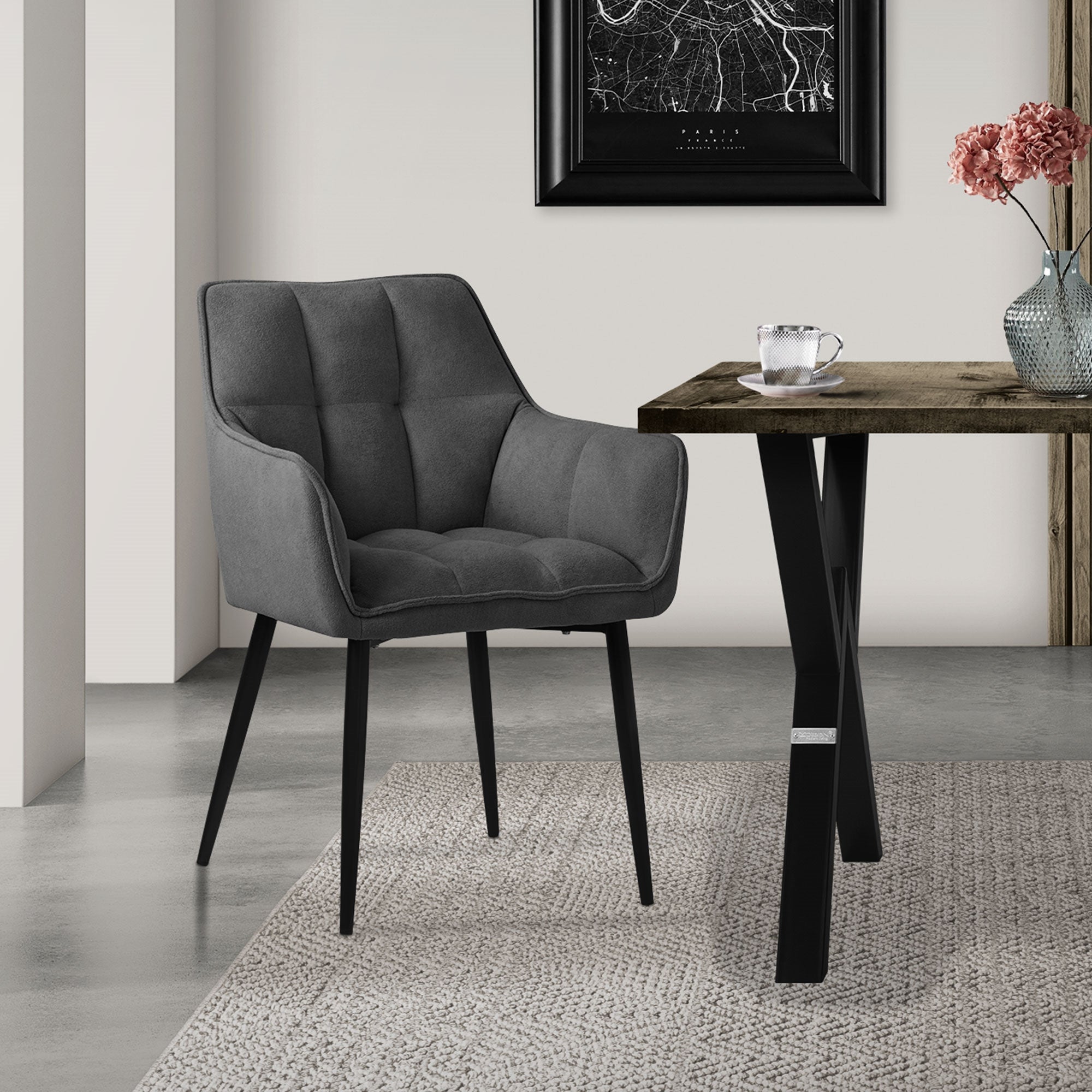 ECD Germany Möbel Chaise salle à manger gris foncé tissu bouclette