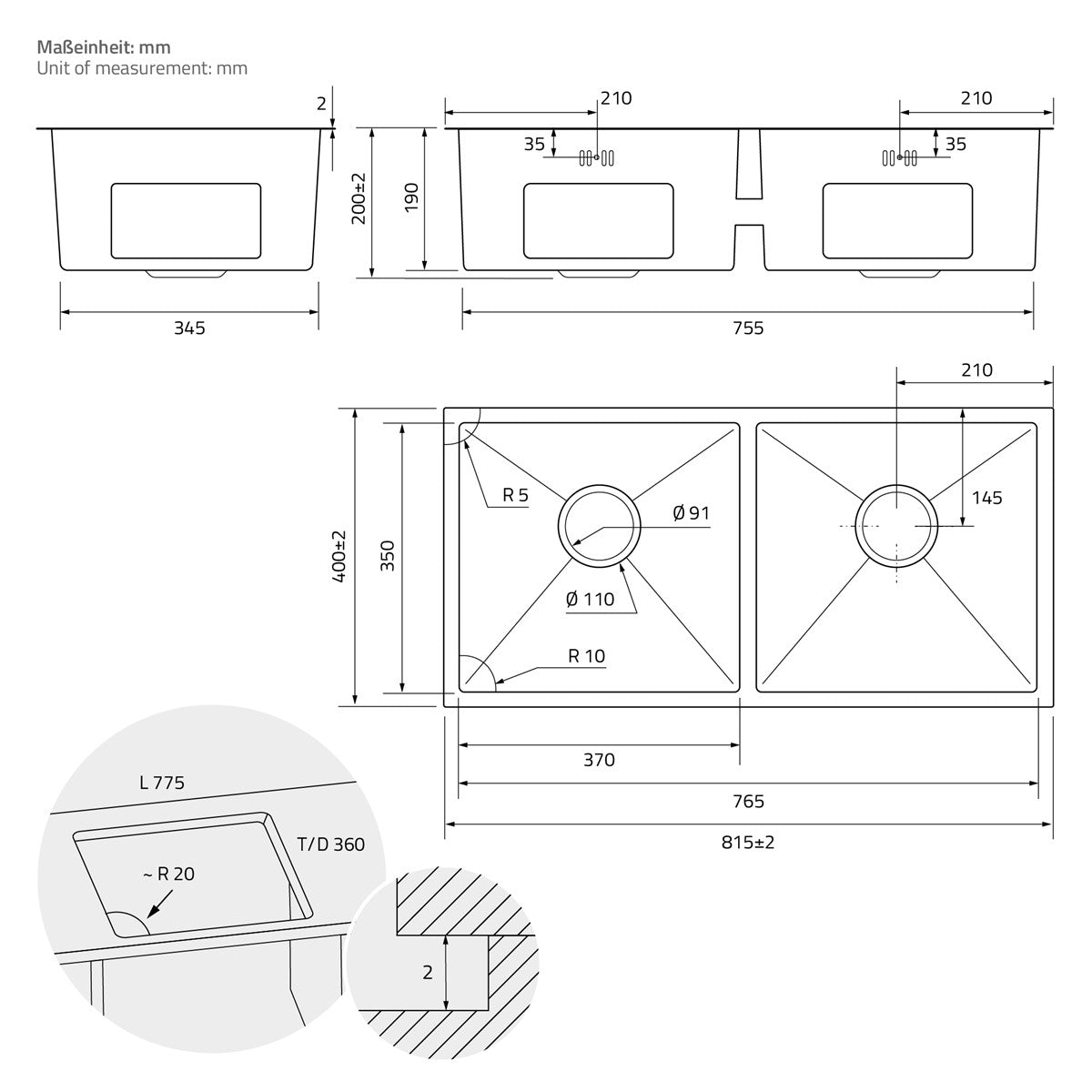 ECD Germany évier cuisine inox 81,5x40 double bac argent