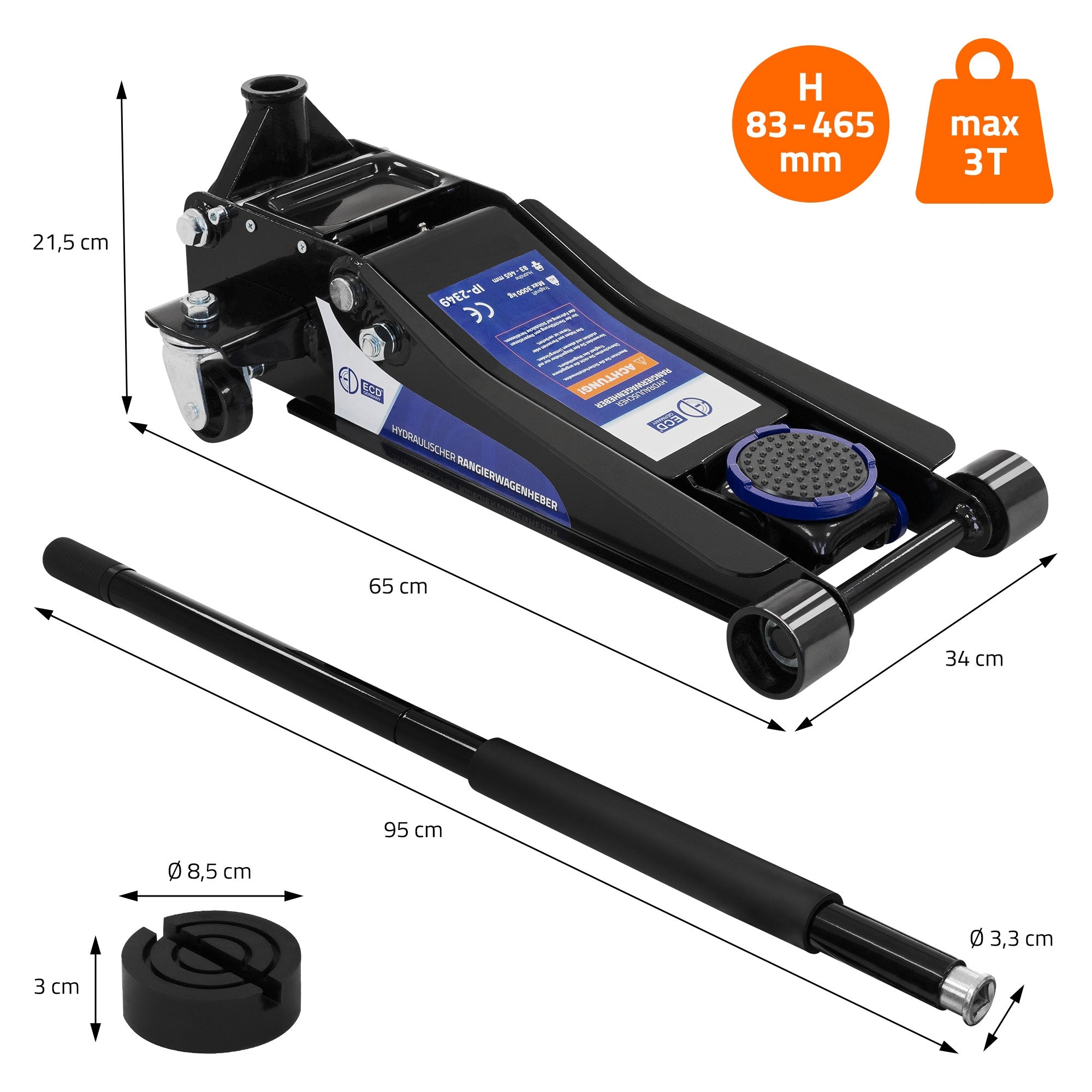 ECD Germany Cric hydraulique rouleur 3T avec gants