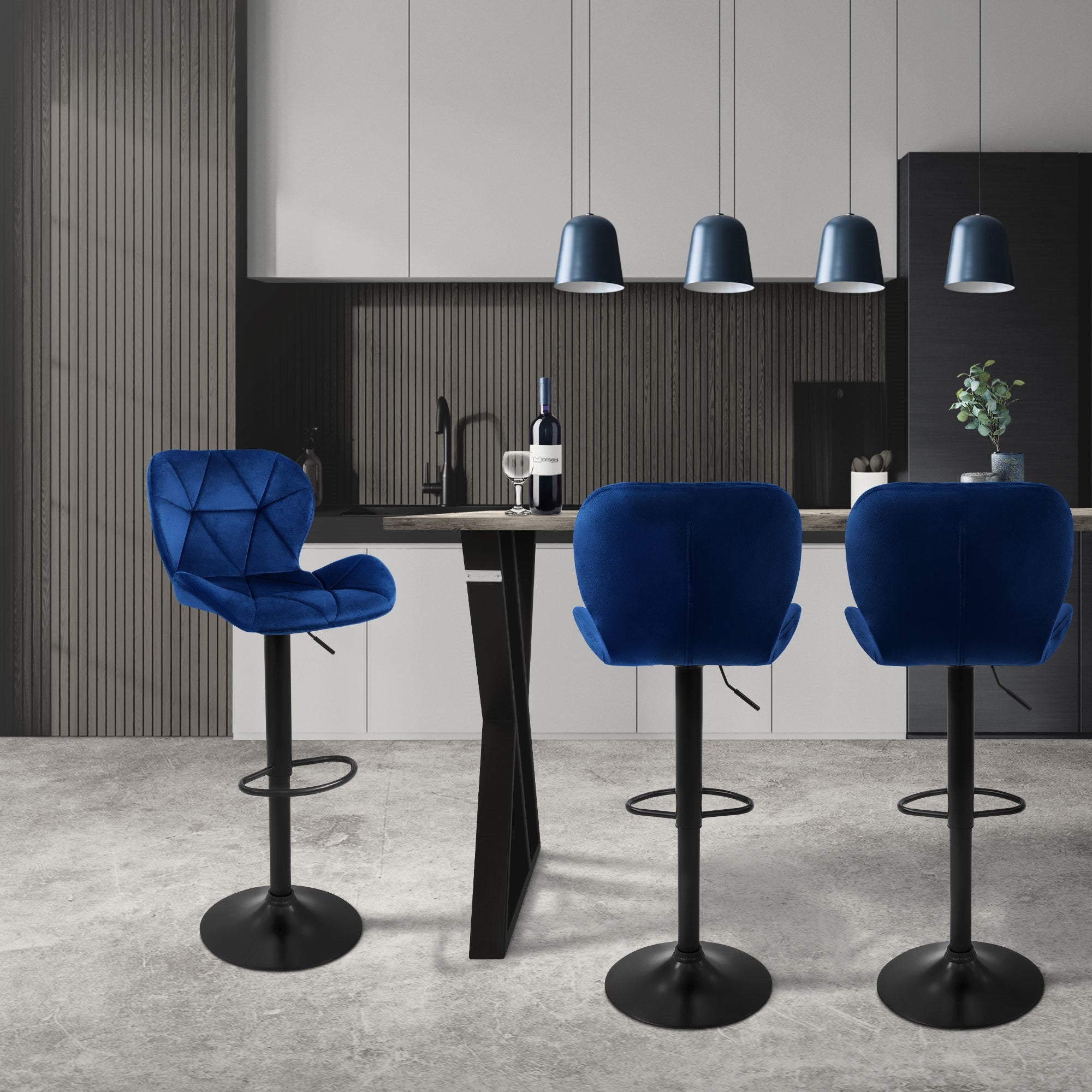 ECD Germany Möbel Tabouret Bar Bleu Velours Lot 2 Réglable