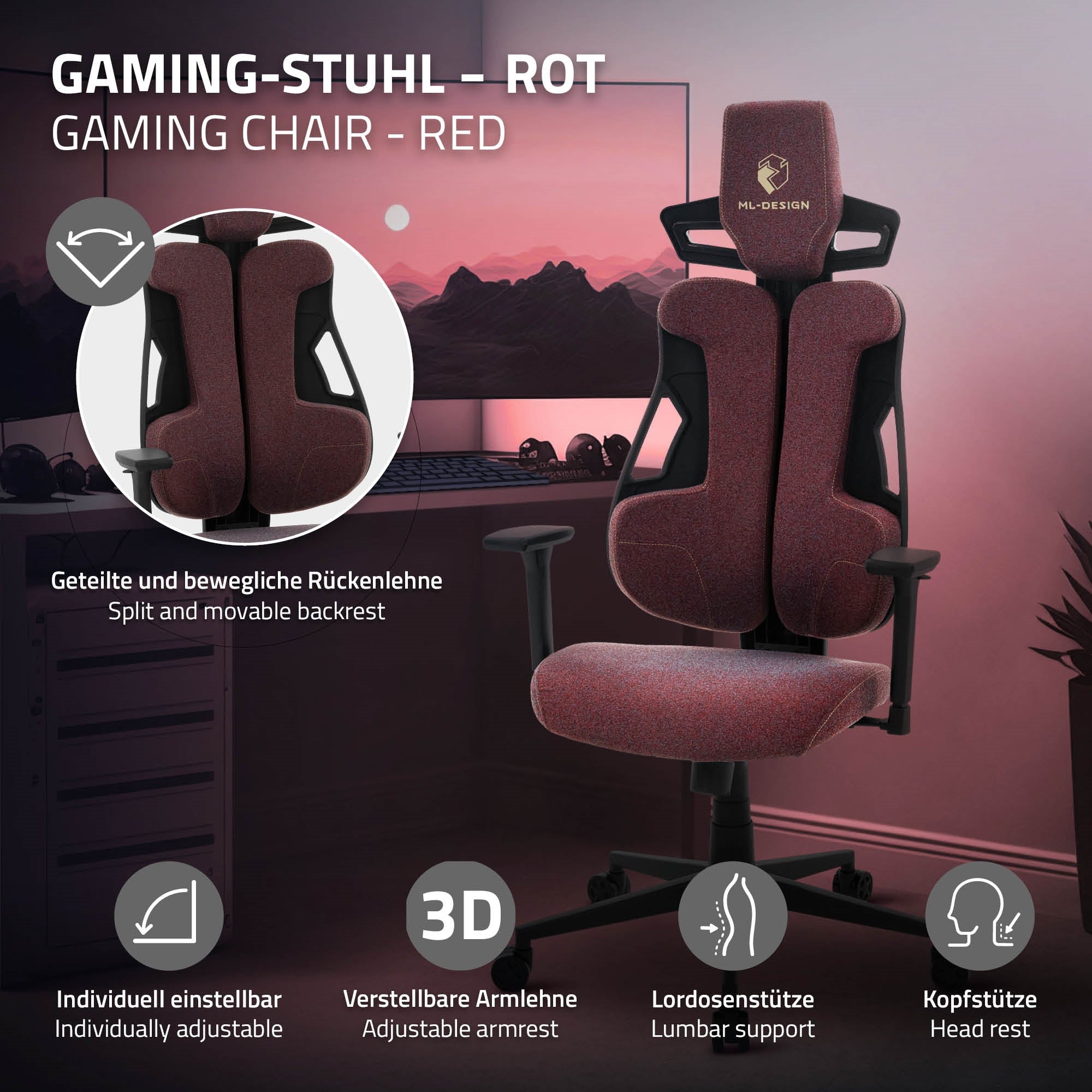 ML-Design chaise gaming tissu bleu dossier 135° 3D