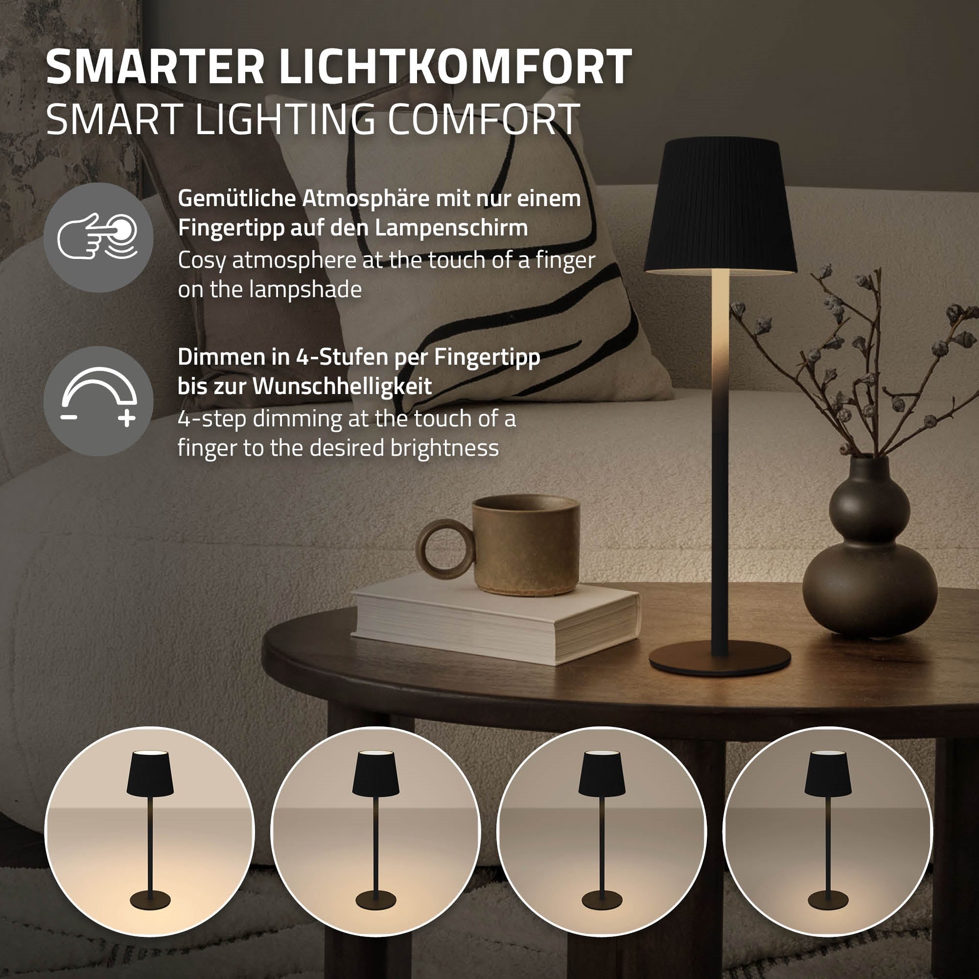 ECD Germany Möbel ML-Design lampe table LED sans fil tactile USB-C noire
