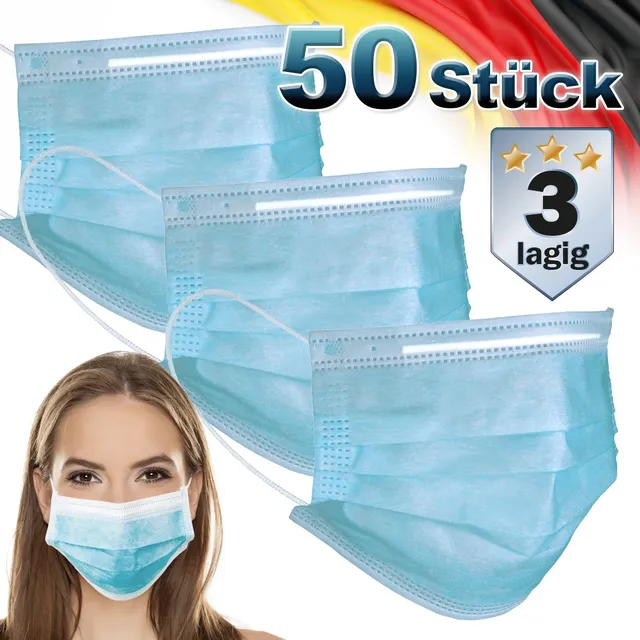 ECD Germany masque jetable bleu 3 plis boîte 50 à usage unique
