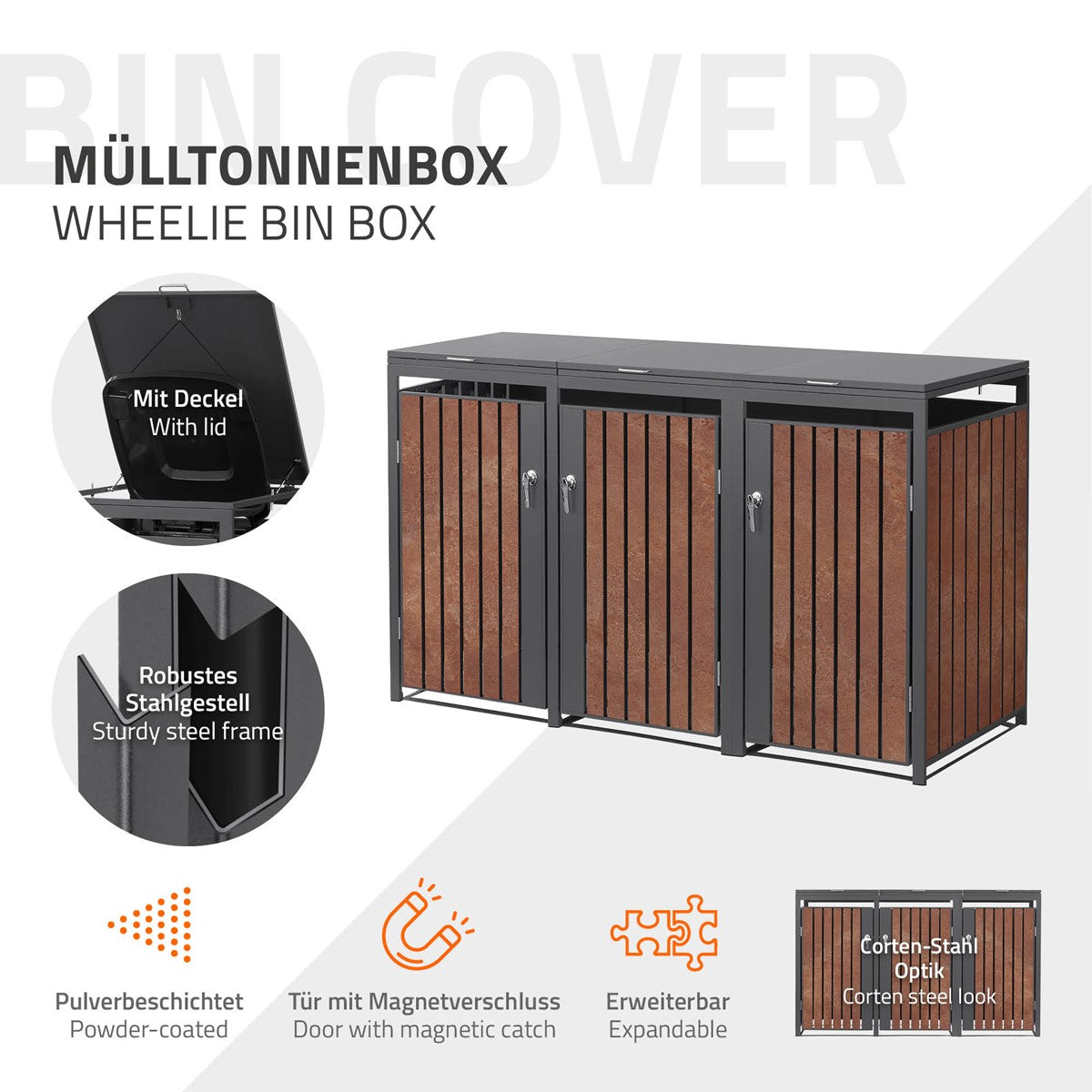 ECD Germany cache-poubelles acier rouille 3x240L 200 cm