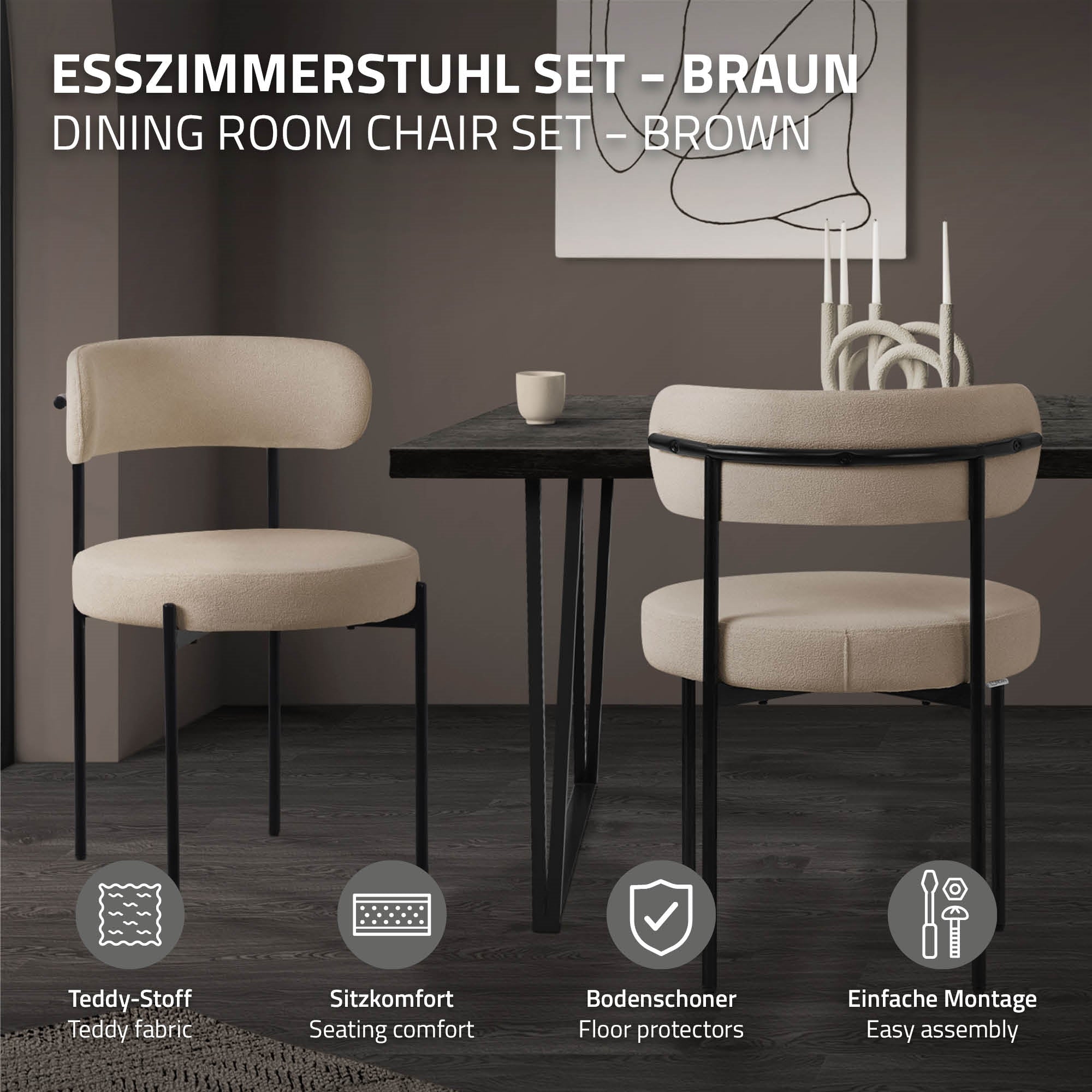 ECD Germany ML-Design chaise bouclé marron dossier lot de 2
